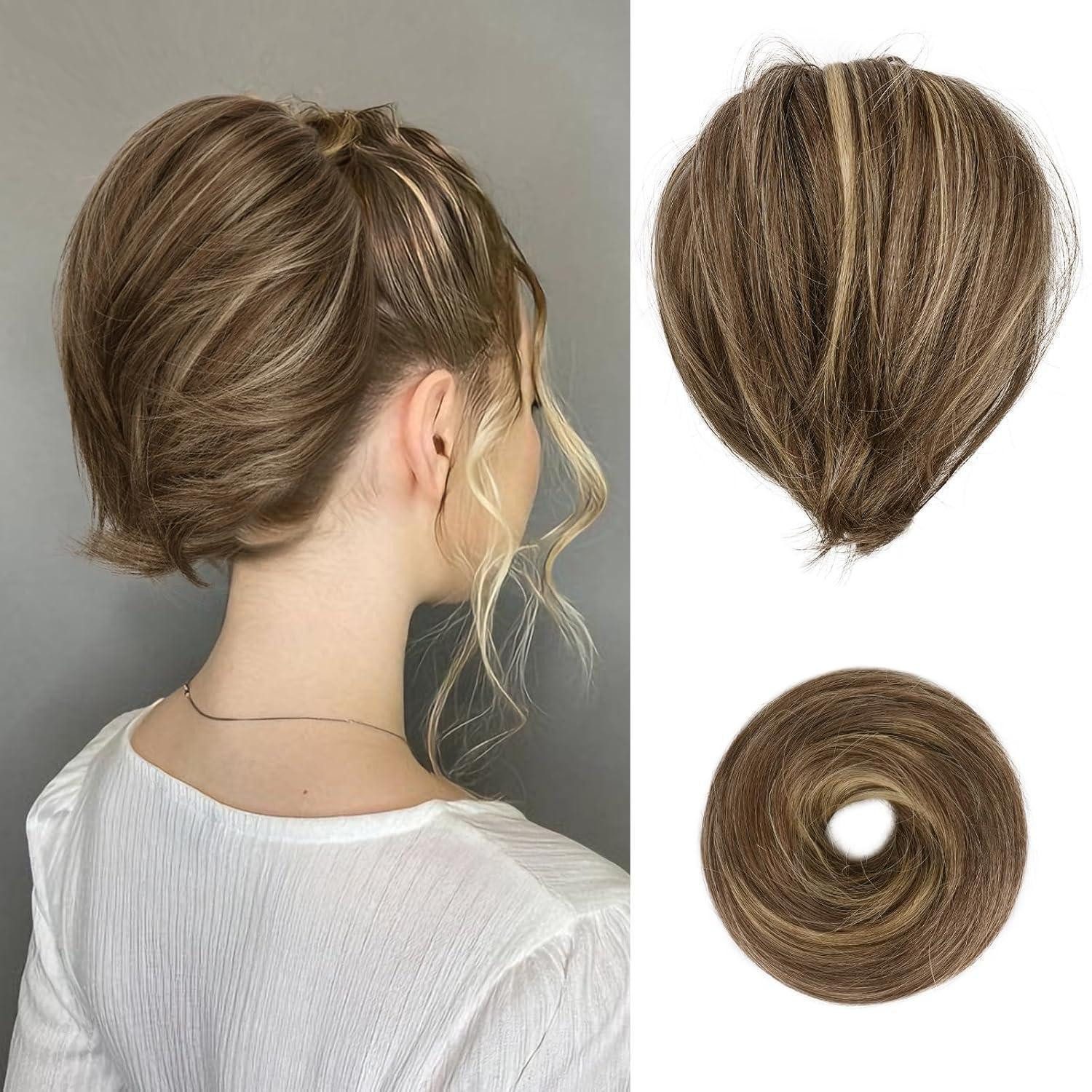 LuxusKollektion Kunsthaar-Extension Highlight Gerades Haarteil Haarknoten Braun Aschblond 20cm