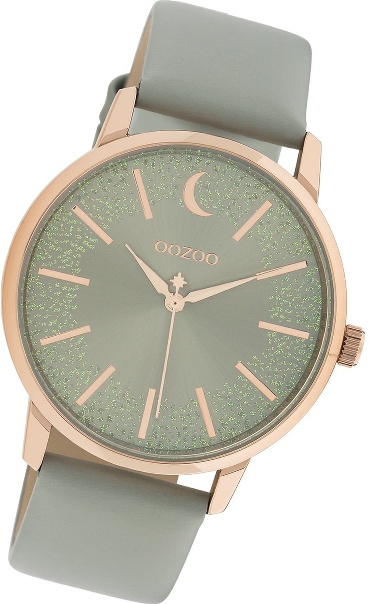 OOZOO Quarzuhr Oozoo Damen Armbanduhr Timepieces, Damenuhr Lederarmband grau, rundes Gehäuse, groß (ca. 40mm)