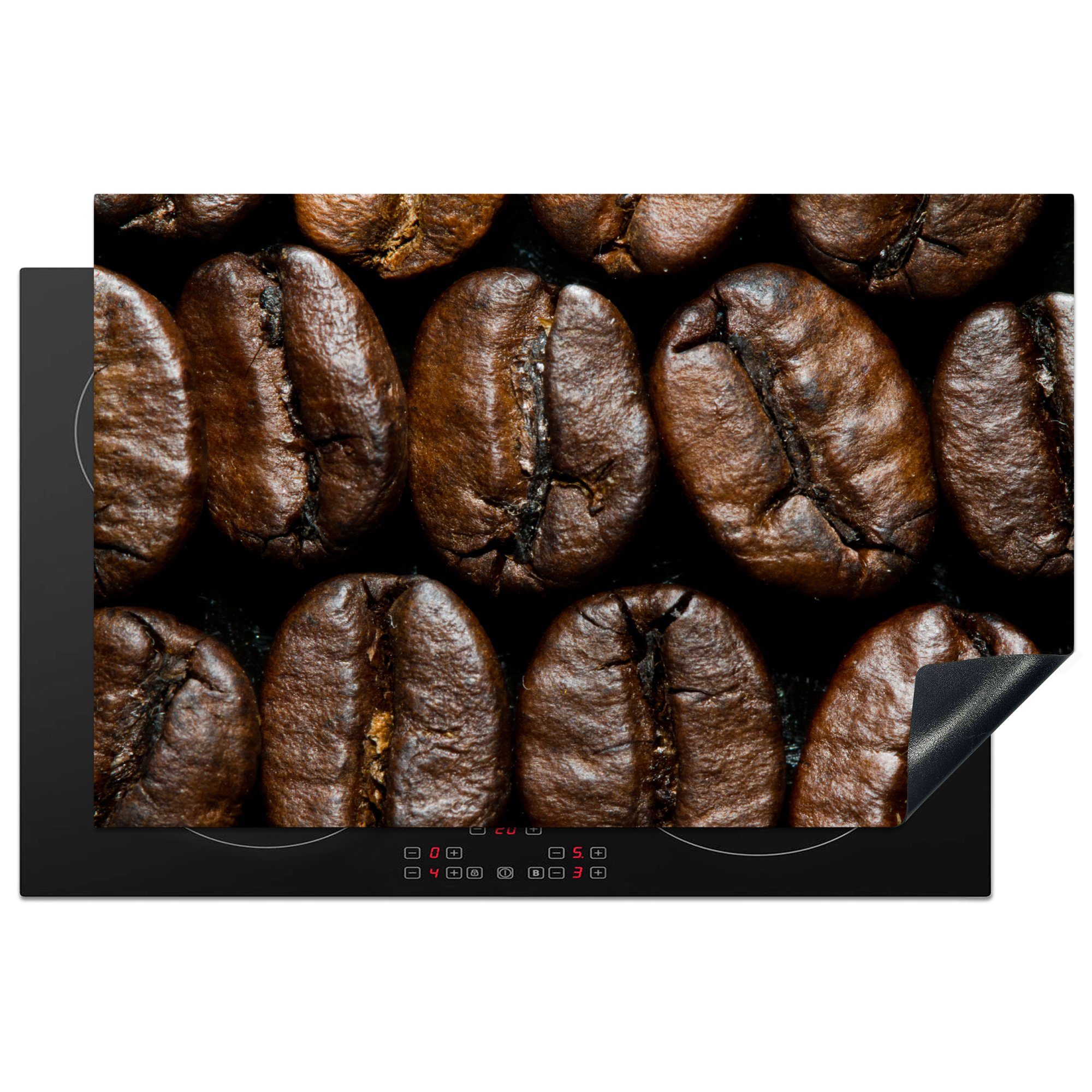 Schutz 81x52 Details schwarzem küche, cm, Herdblende-/Abdeckplatte Ceranfeldabdeckung tlg), für Kaffeebohnen die Vinyl, Induktionskochfeld MuchoWow Hintergrund, (1 der auf