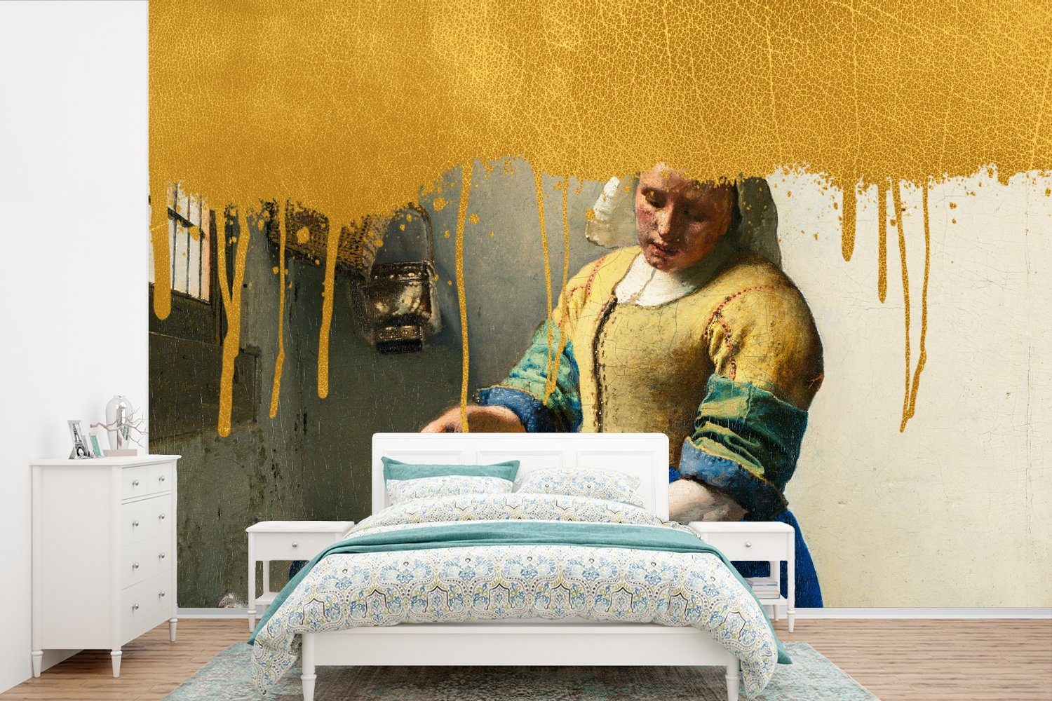 MuchoWow Fototapete Milchmädchen für - Vermeer, Schlafzimmer, Tapete - Wohnzimmer, bedruckt, Kinderzimmer, Matt, St), Gold Wallpaper (6 Vinyl