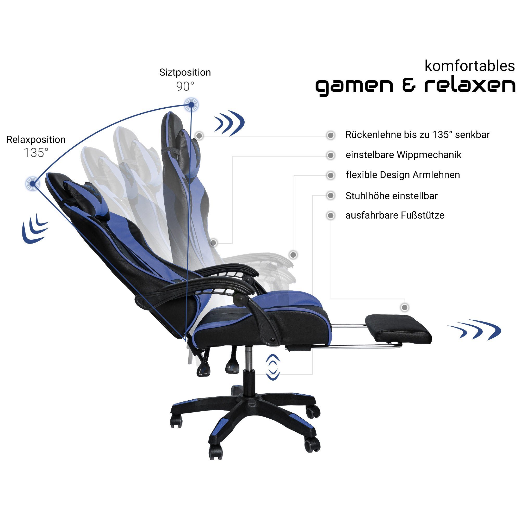 TRISENS Chefsessel Konrad (1 mit / Design-Armlehnen flexiblen Stuhl Blau Gaming Schwarz Fußstütze Stück), mit Chair Gaming