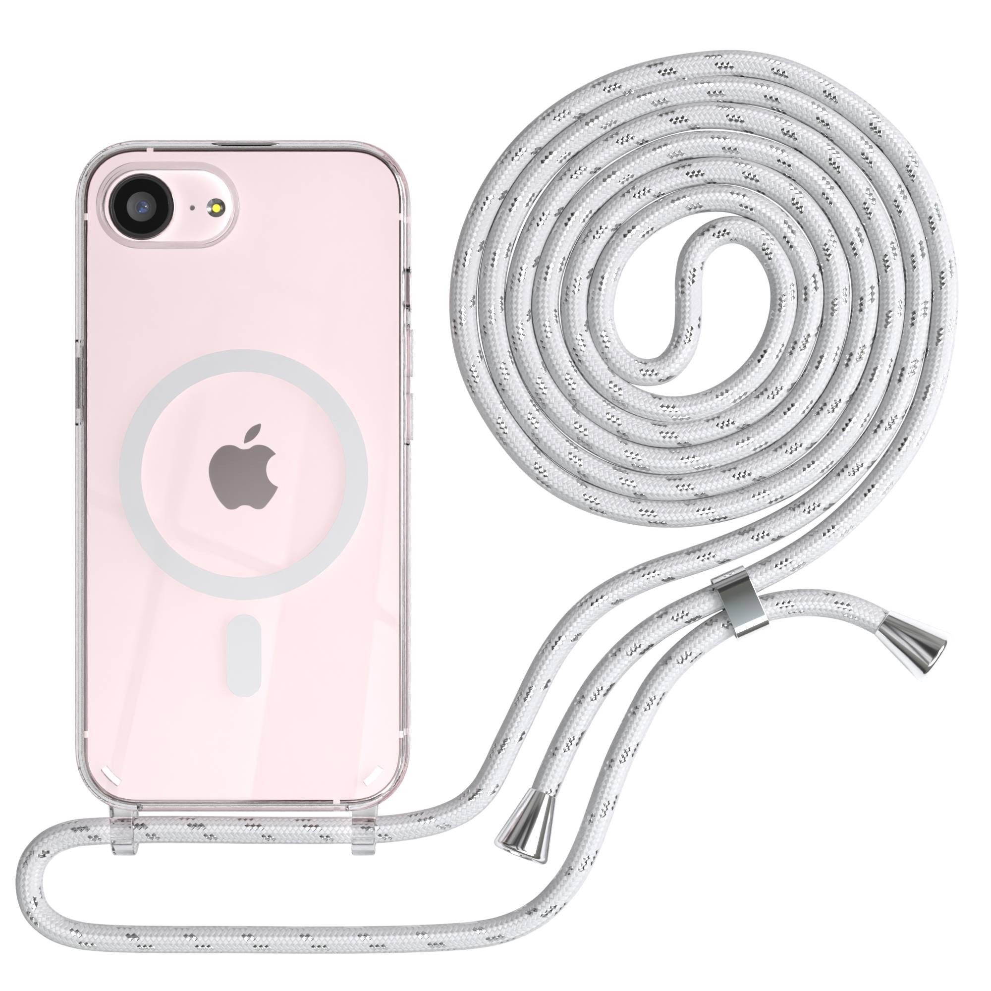 EAZY CASE Handykette mit Magsafe Hülle für Apple iPhone 17e 6,1 Zoll, Handykordel Qi-Case Slimcover mit Umhängeband zum Umhängen Weiß Silber