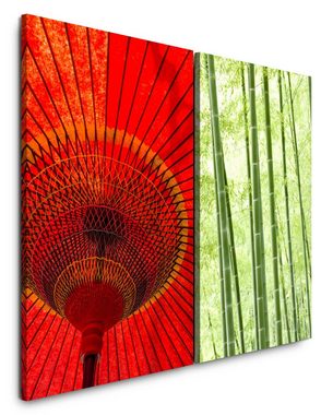 Sinus Art Leinwandbild 2 Bilder je 60x90cm Asien Papierschirm Sonnenschirm Bambus Bambuswald Traditionell Meditation