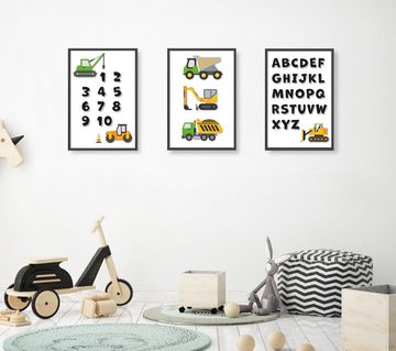 Himmelzucker Poster DIN A4 Wandbilder für Kinderzimmer Babyzimmer Autos Baustelle, Baustellenfahrzeuge+ABC (3-teiliges Poster-Set), ABC Bilder Kinderposter für Baby Jungen Mädchen (DIN A4 ohne Rahmen)