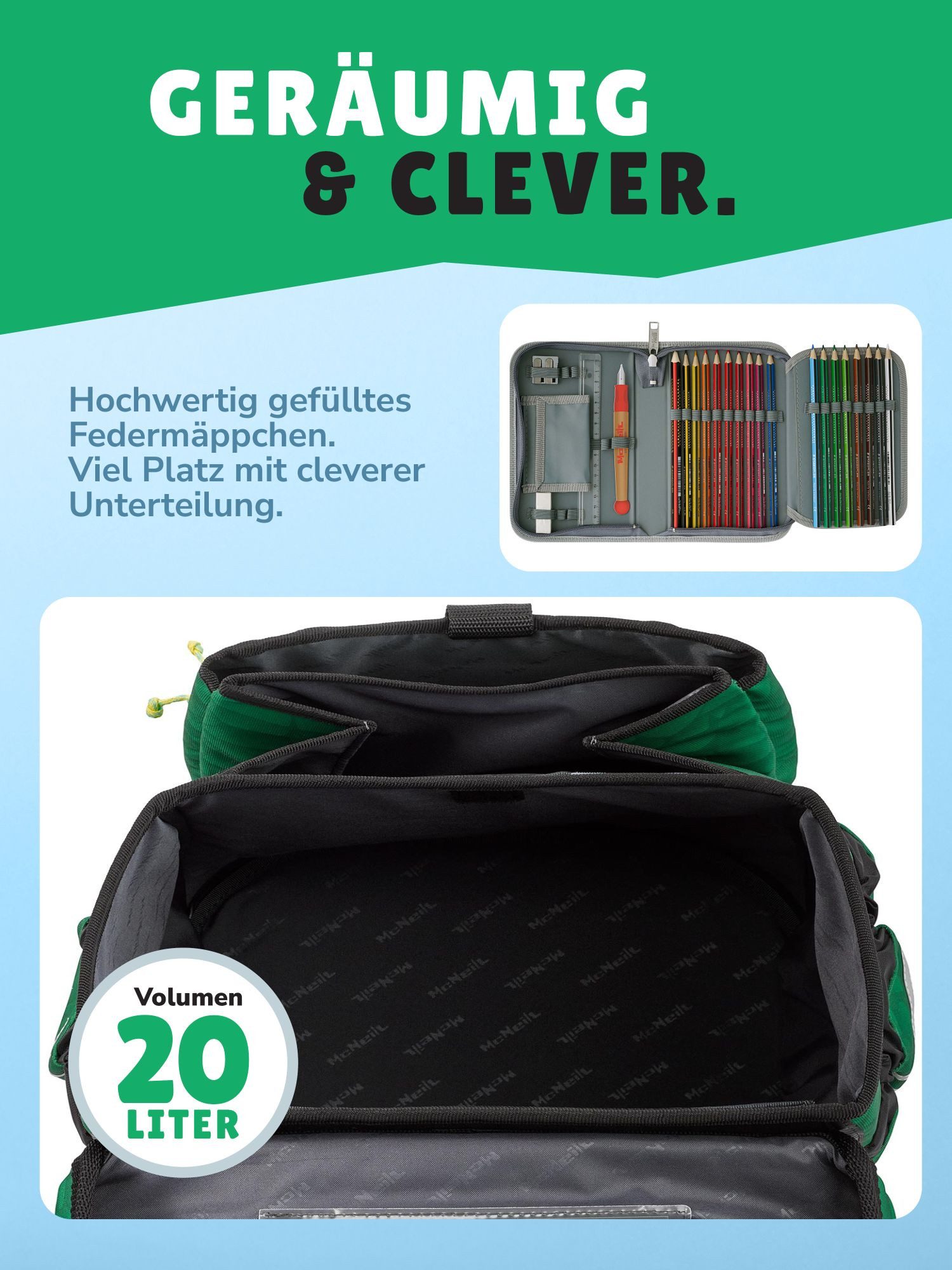 McNeill Schulranzen Ergo Complete Schulranzen Dino Drache grün Schultasche 1. Klasse (Set, 6-tlg., inkl. Federmäppchen, Turnbeutel, Schlamper und Motivmagnet), ergonomisch, in der Höhe verstellbar, mit Brustgurt & Hüftgurt