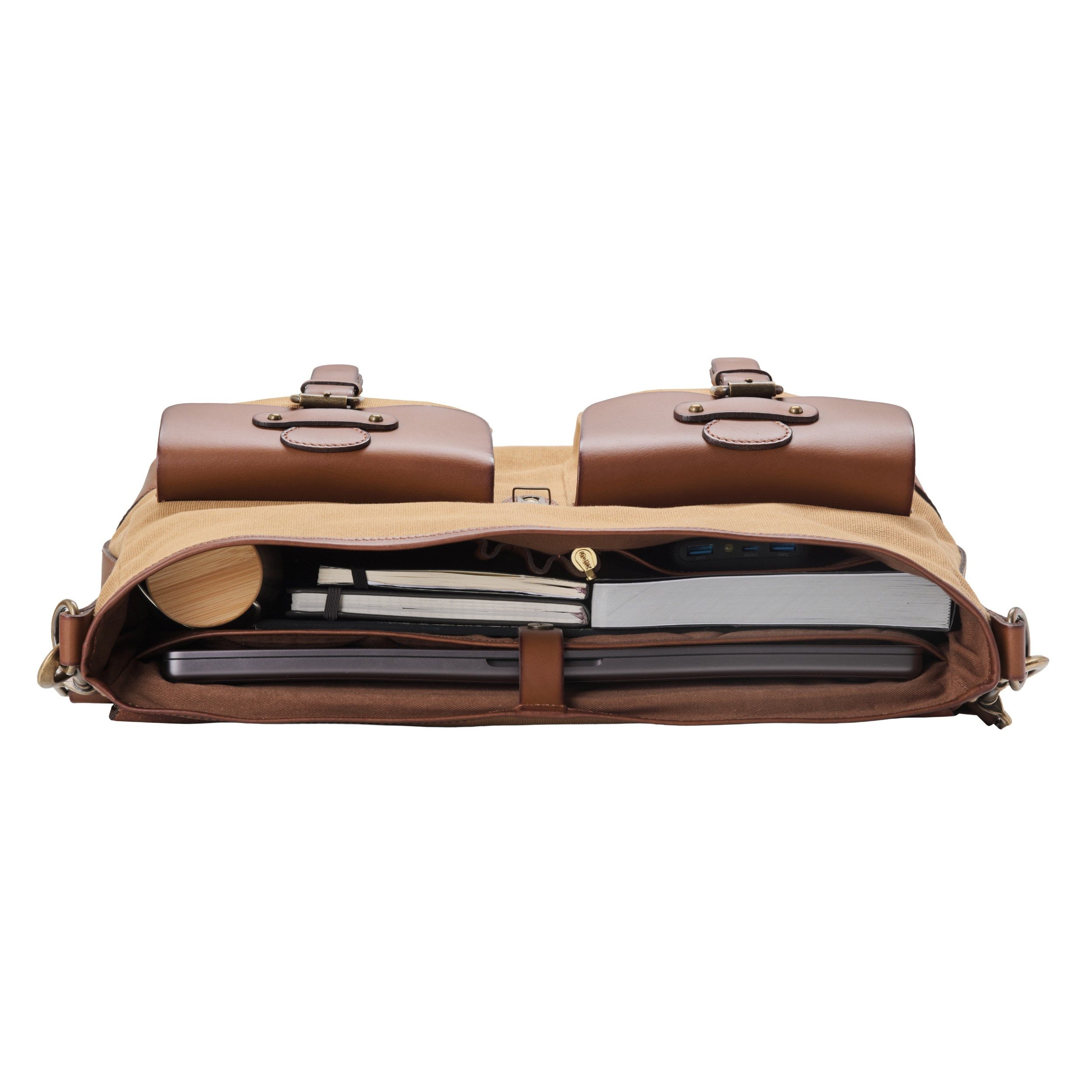 DRAKENSBERG Umhängetasche Aktentasche »Milo« Khaki-Beige, Herren Schultertasche mit 15" Laptopfach aus wasserabweisendem Canvas