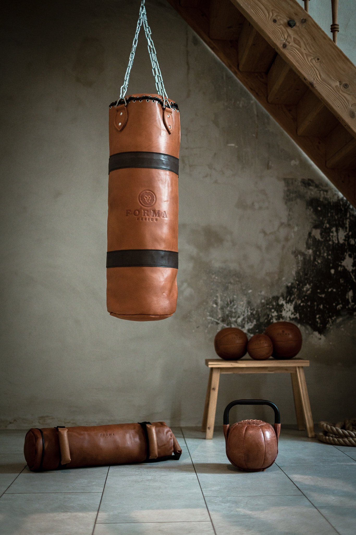Forma Fisico Boxsack Vintage Boxsack aus Leder 2 Leder, braun Löwe Streifen