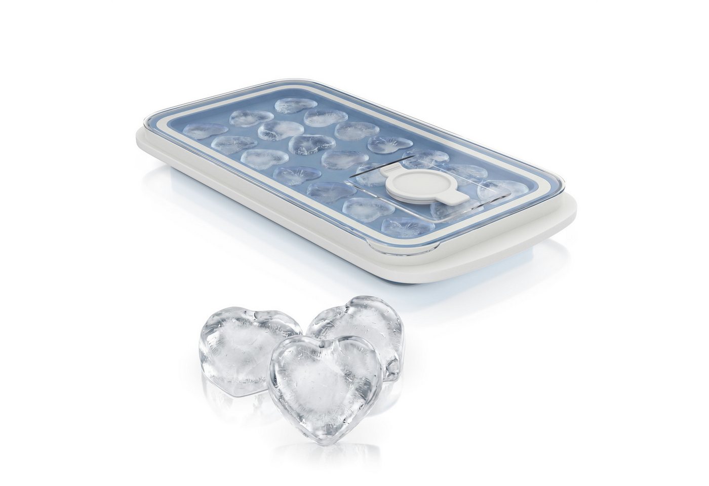 Arendo Eiswürfelform Silikon 78ml, 21 Eiswürfel, spülmaschinengeeignet, stapelbar, (1-tlg), Herzform, Deckel mit Einfüllöffnung, leichtes Herauslösen, BPA-frei