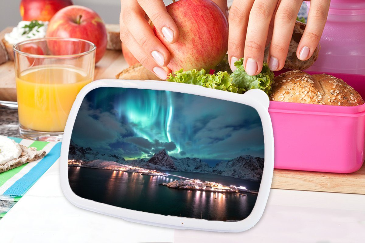 MuchoWow Lunchbox Aurora - Brotdose Brotbox Mädchen, Kunststoff Norwegen für - rosa Kinder, Berg, Erwachsene, Snackbox, (2-tlg), Kunststoff