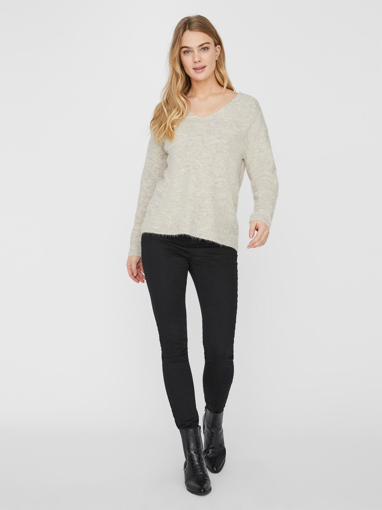 Vero Moda Strickpullover Strickpullover V-Ausschnitt in 6112 VMCREWLEFILE Langarm Sweater Beige