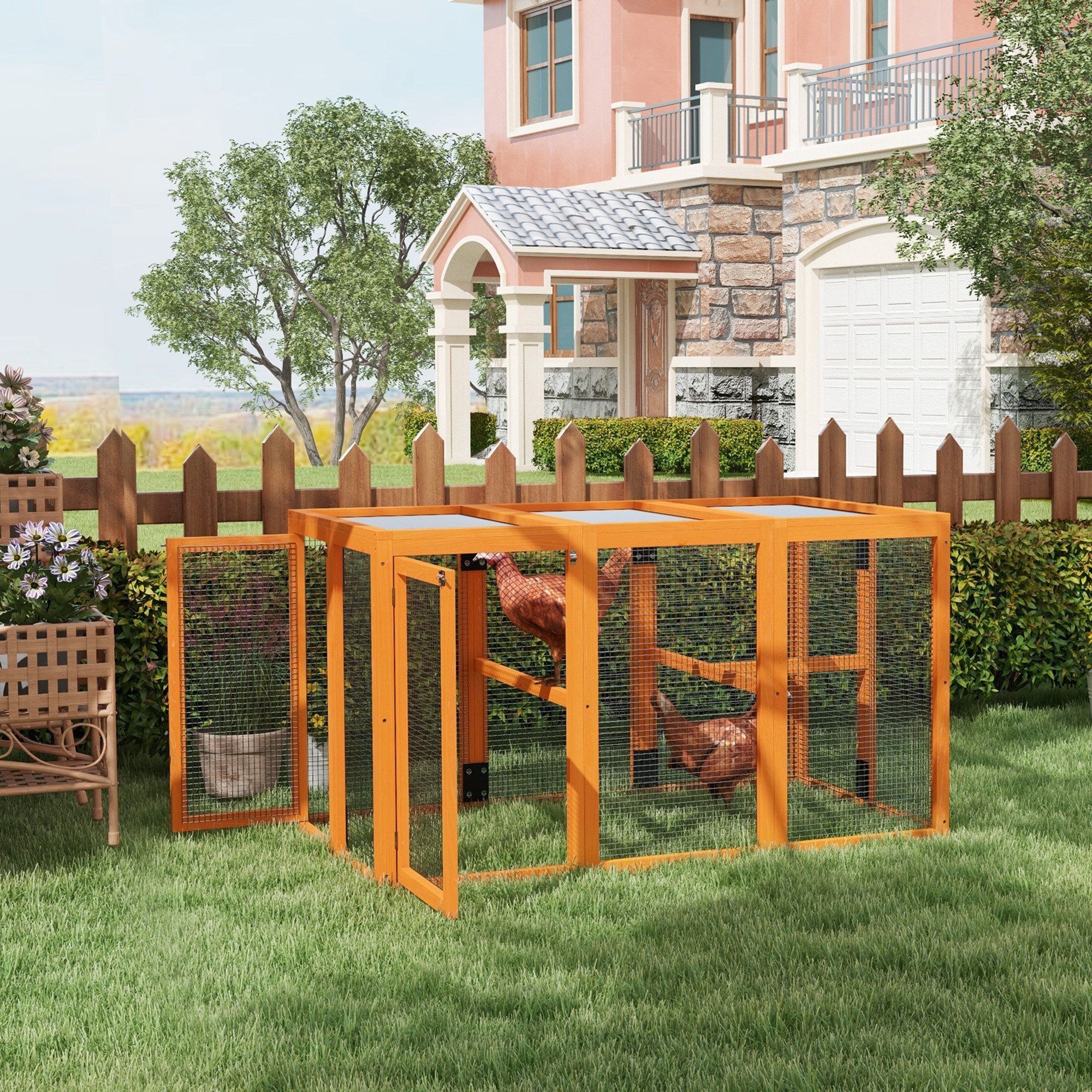 PawHut Hühnerstall mit Holzsitzstangen, erweiterbares Design, für 1-3 Hühner, Orange