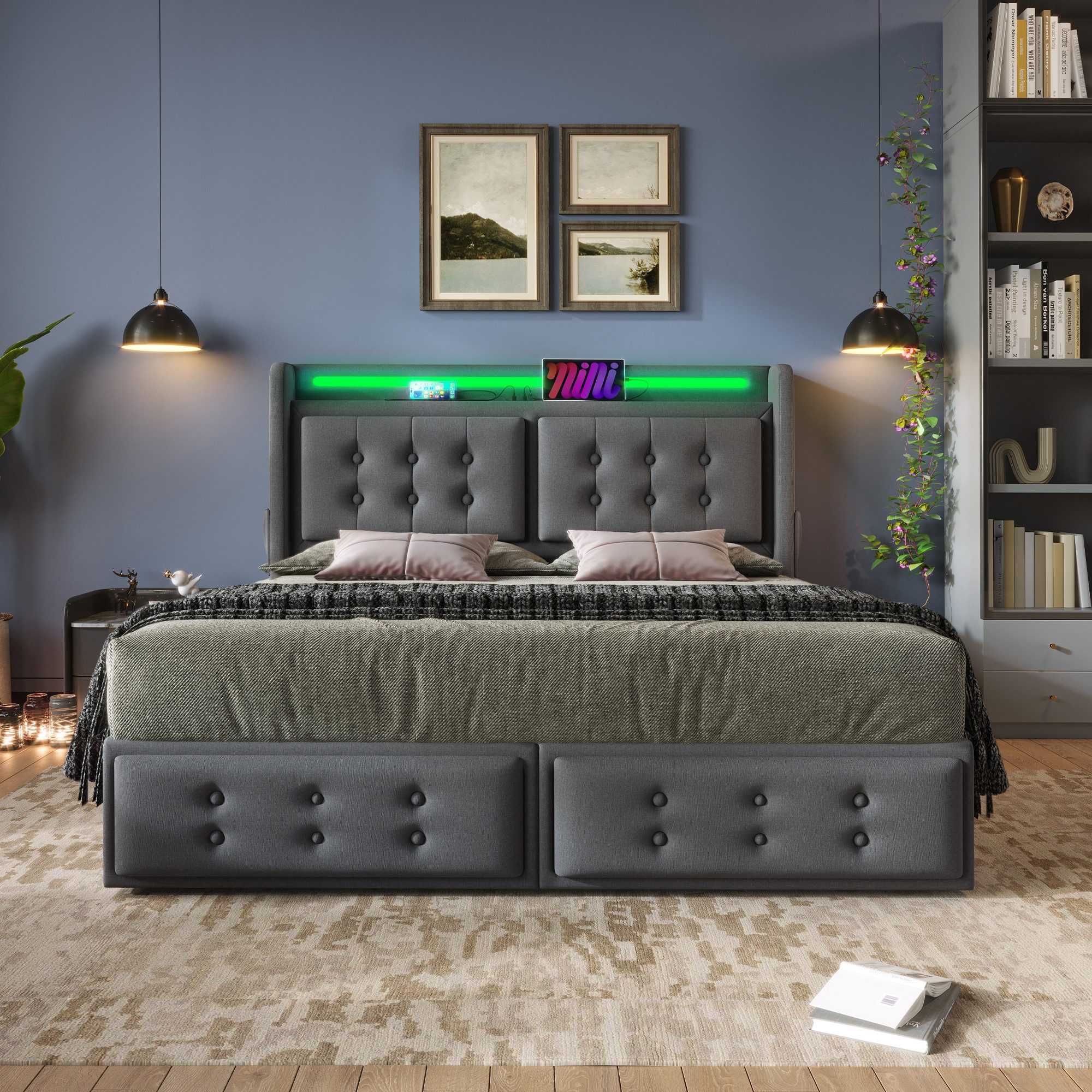 Ulife Polsterbett 180x200, Doppelbett mit LED-Kopfteil USB-C 4 Schubladen (3-tlg), Stauraumbett mit Lattenrost Metallrahmen 300kg