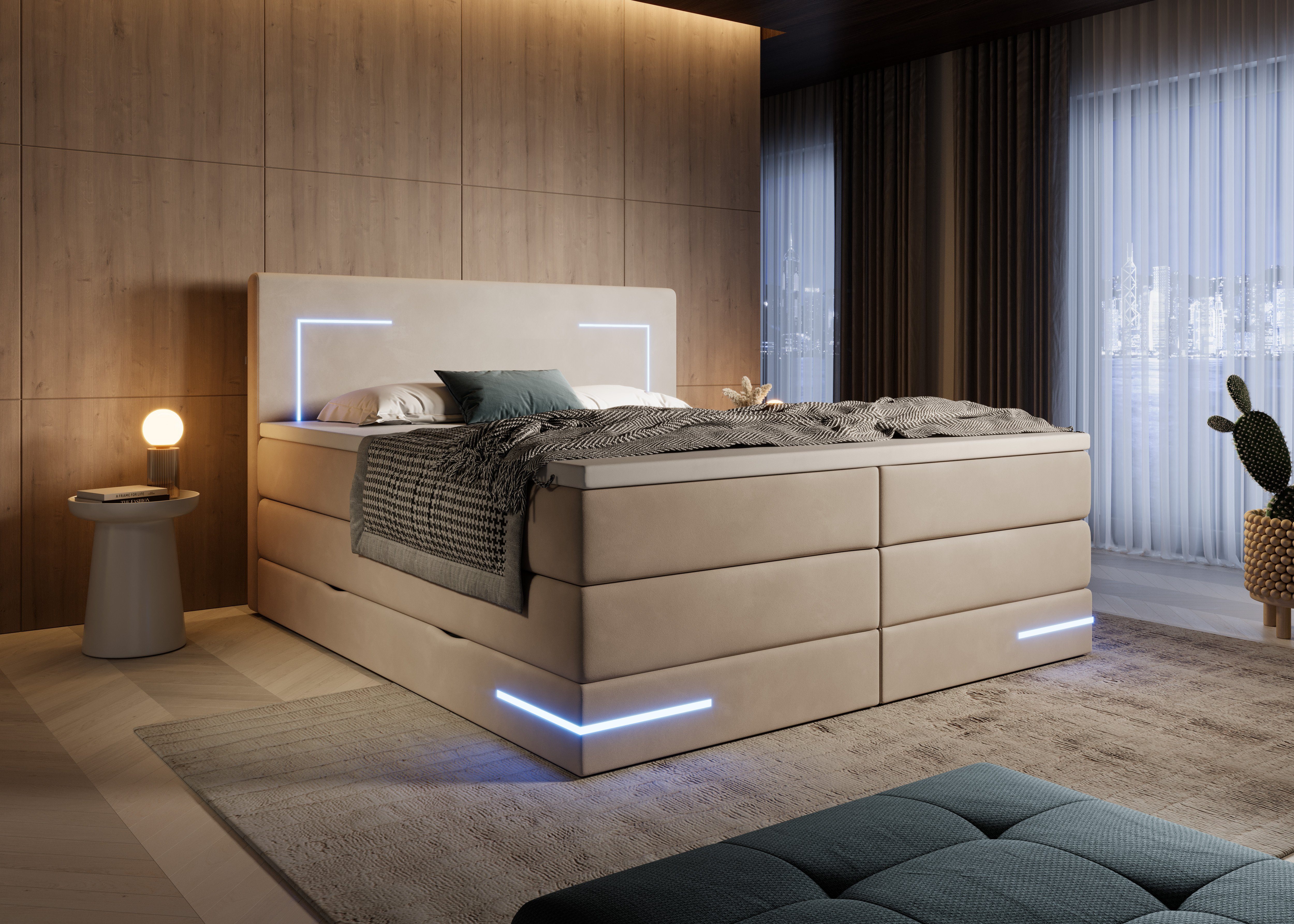 wonello Boxspringbett Detroit, mit Topper LED Beige Beleuchtung, Bettkasten und