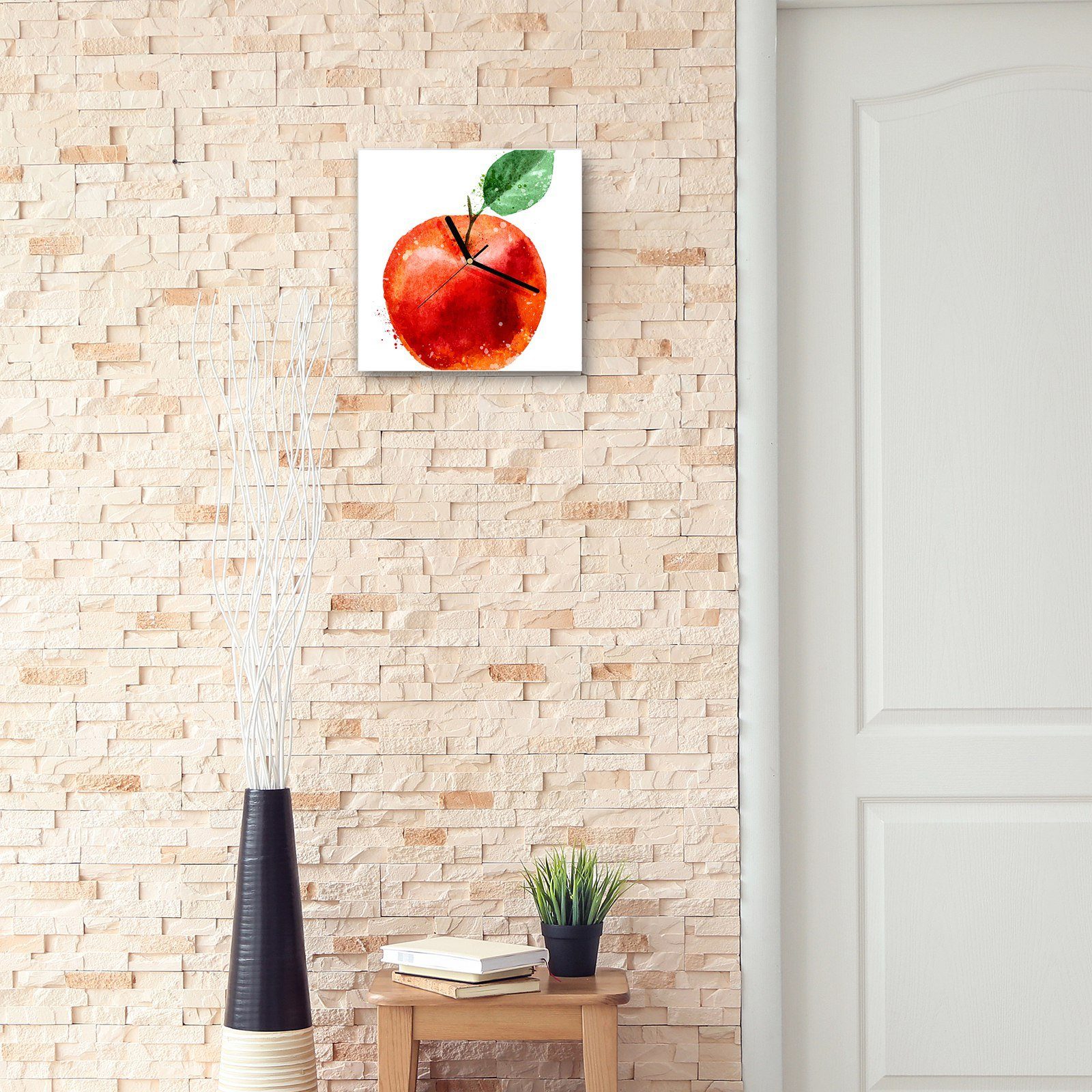 Wandkunst Primedeco Aquarell Motiv Glasuhr x Apfel Größe mit Blatt 30 mit Wanduhr Wanduhr 30 cm