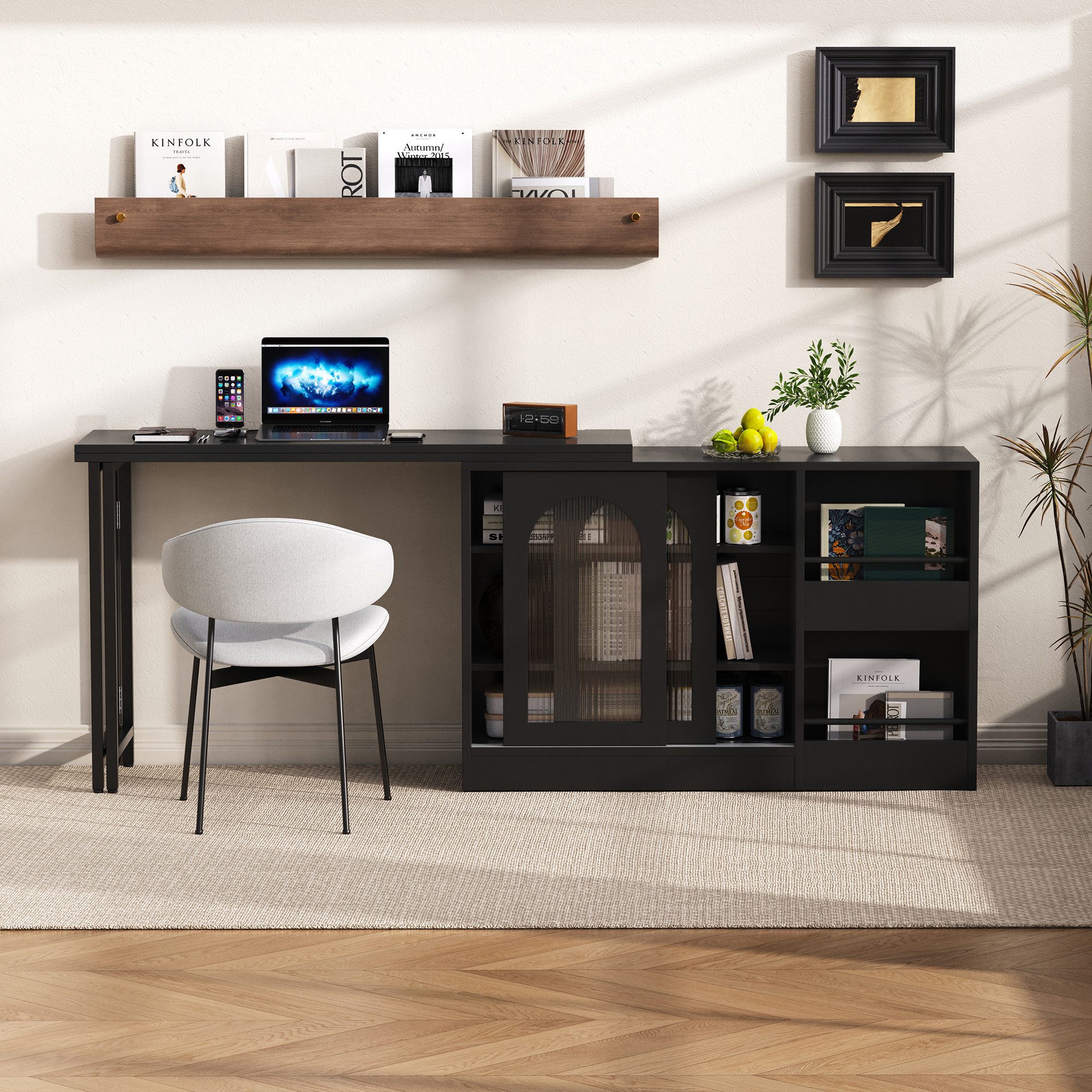 Odikalo Bartisch Sideboard mit Esstisch, Ausziehbar, Drehbare (Moderner Bartisch, Ausziehbar 360° Drehbare Bartisch Mit Stauraum, Reversibel Tisch Sideboard Bar Mit Glasschranktür, Bar Tisch Für Küche Kaffeebar Möbel, Schwarz / Weiß)