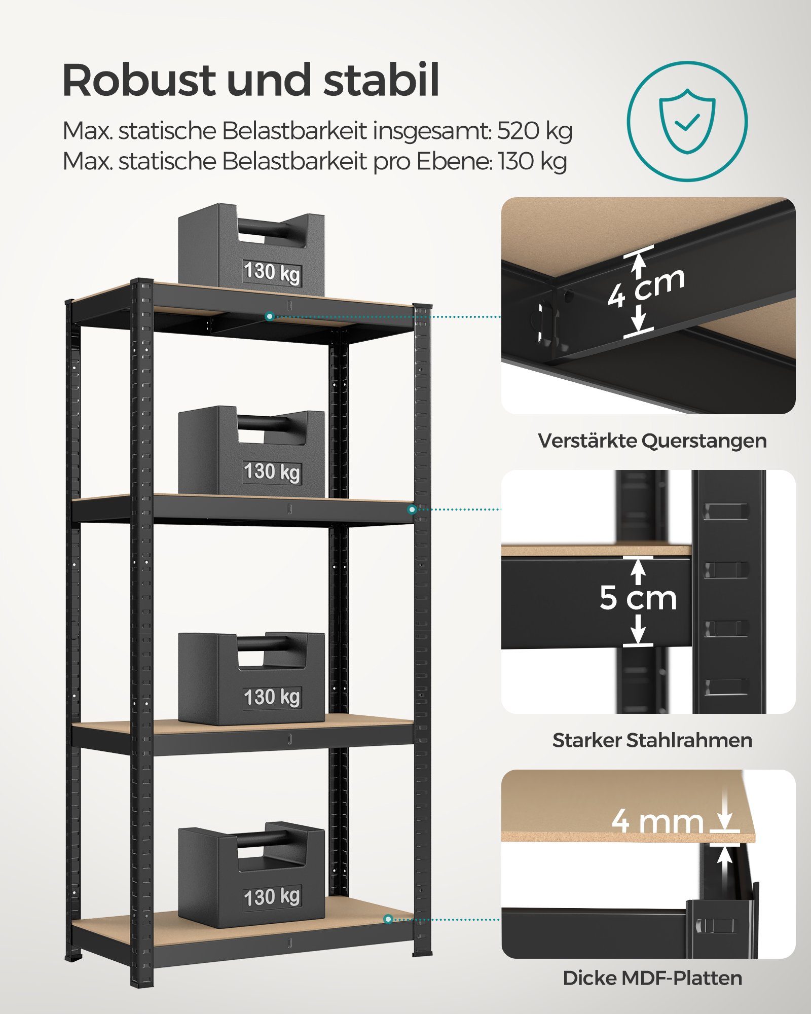SONGMICS Standregal Regal, Lagerregal mit Stahlgestell, 1-tlg., 4 verstellbare Ablagen, bis 520 kg belastbar