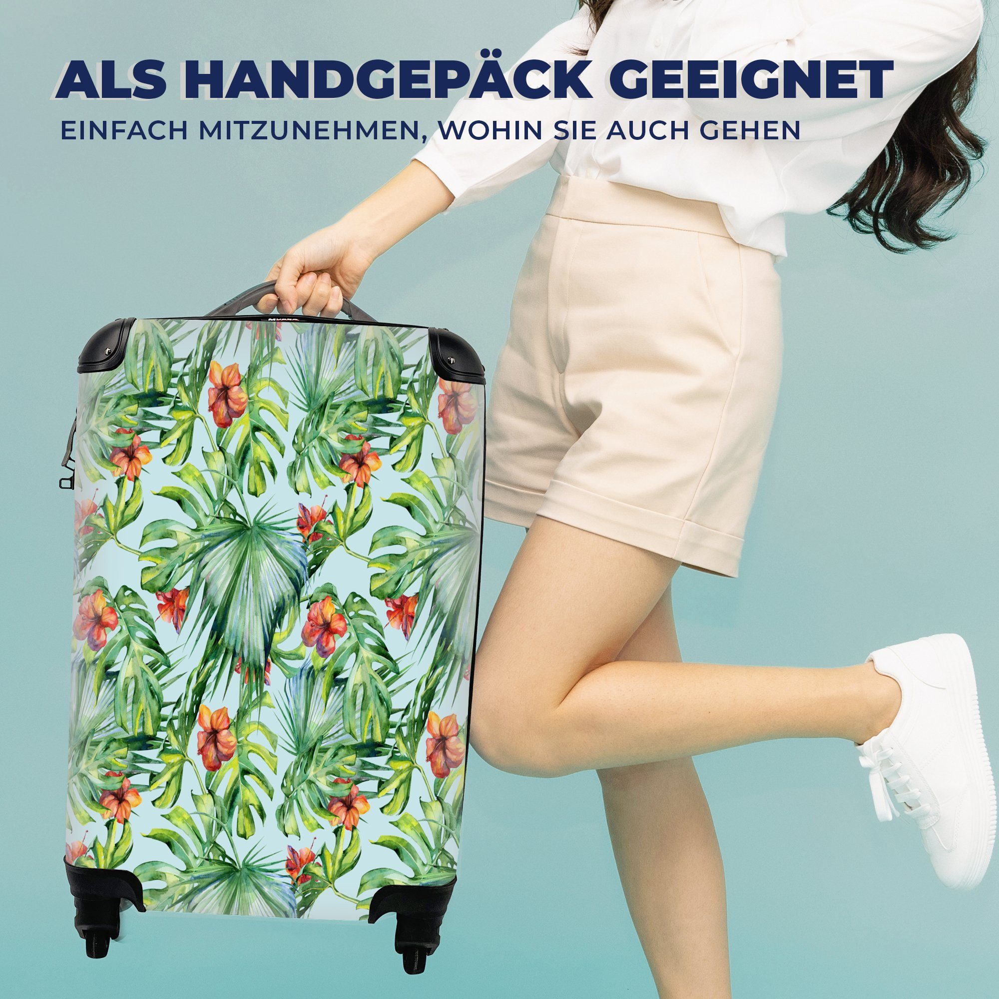 Handgepäck Orange, - Reisetasche Monstera - rollen, Ferien, für Reisekoffer Trolley, 4 MuchoWow Blumen Handgepäckkoffer mit Rollen,