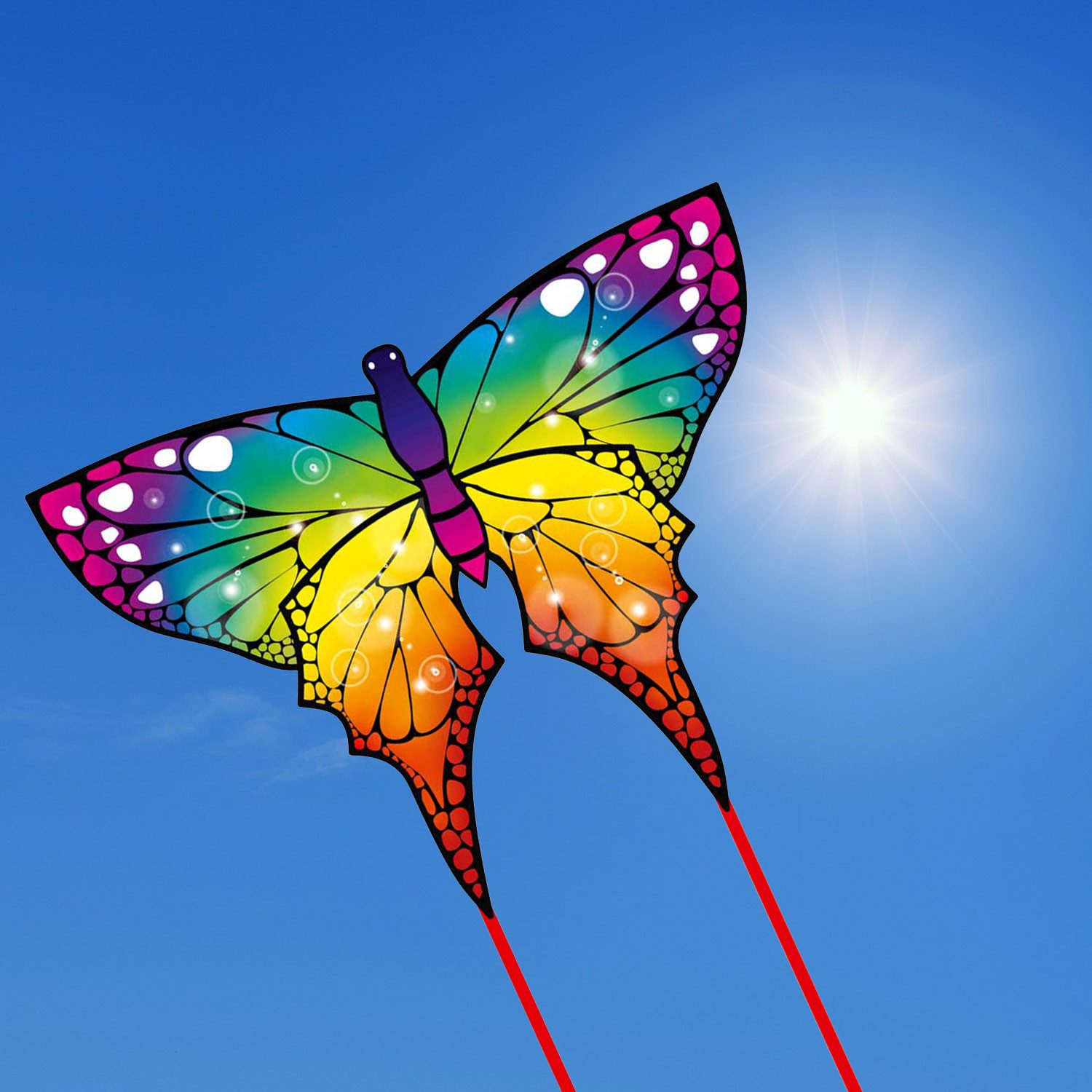 HQ Flug-Drache HQ Kinderdrachen Einleiner Butterfly Rainbow 110 cm, „Ready to Fly“ - inklusive Griff mit Schnur