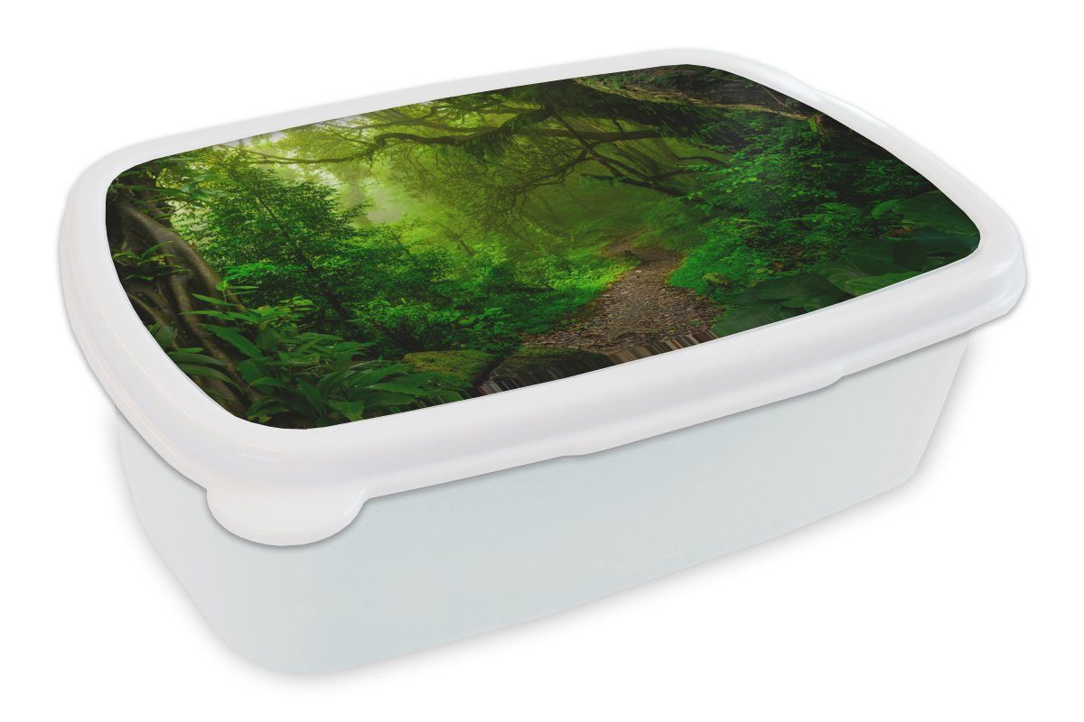 MuchoWow Lunchbox Landschaft - Dschungel - Tropisch - Sonne - Grün, Kunststoff, (2-tlg), Brotbox für Kinder und Erwachsene, Brotdose, für Jungs und Mädchen weiß