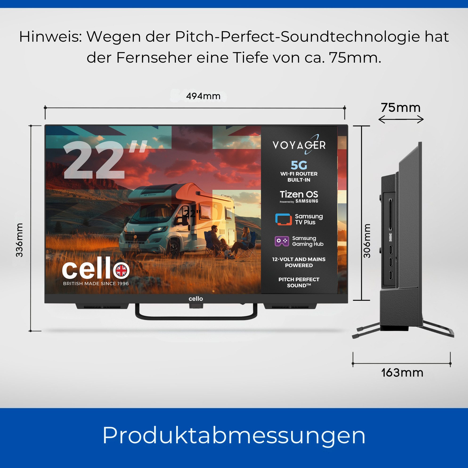 Cello 22" Voyager Traveller Tizen OS Smart‑TV mit integriertem 5G‑Router LED-Fernseher (55,88 cm/22 Zoll, Full HD, Smart-TV, WLAN, 5G‑Router integriert, Dual‑SIM Internet, Hotspot‑Funktion (bis 32 Geräte), 4× SMA für externe MIMO Antenne, Tizen OS, Pitch Perfect Sound)