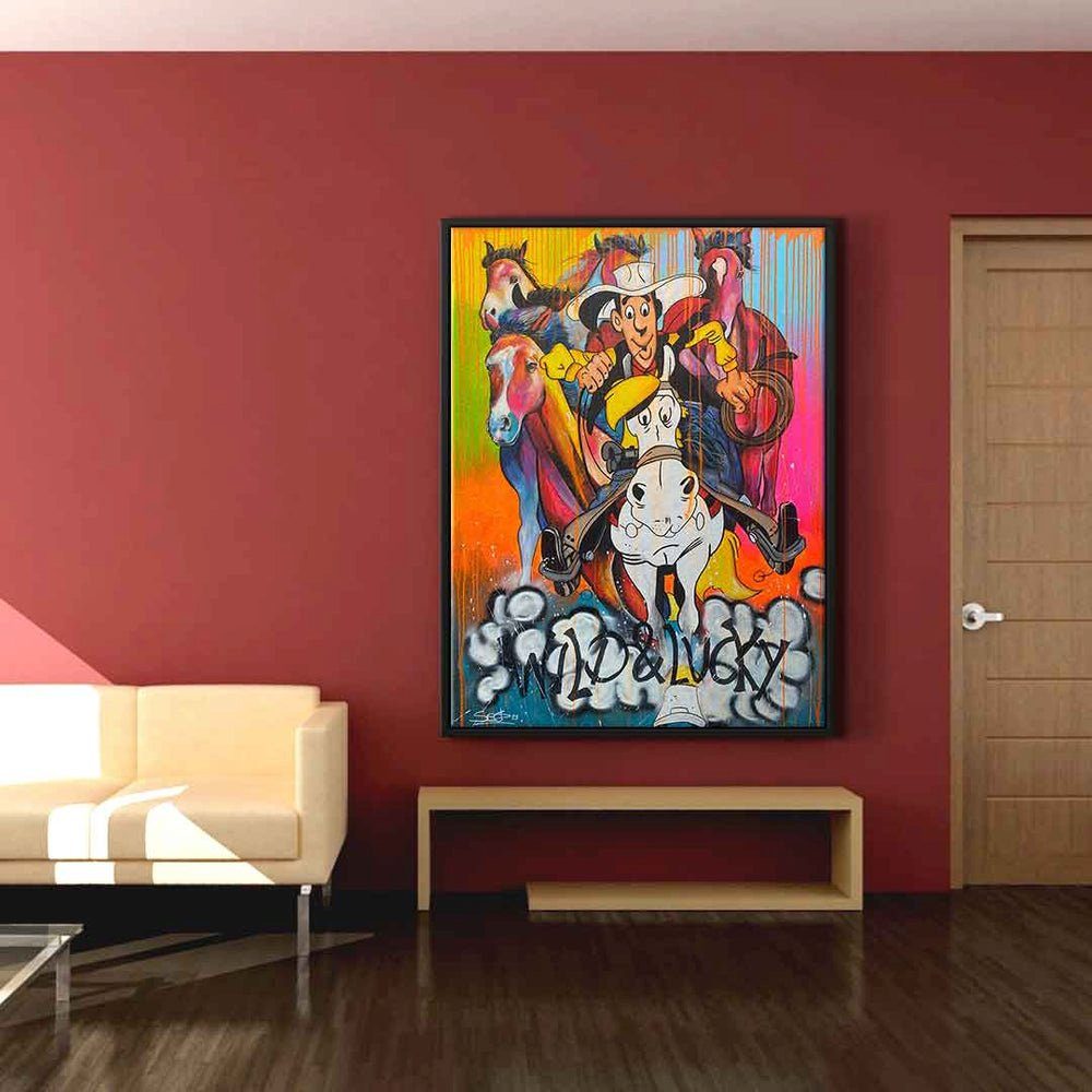 DOTCOMCANVAS® Leinwandbild Wild and Lucky, Leinwandbild Lucky Luke Jolly Jumper Comic Pop Art Druck Wandbild