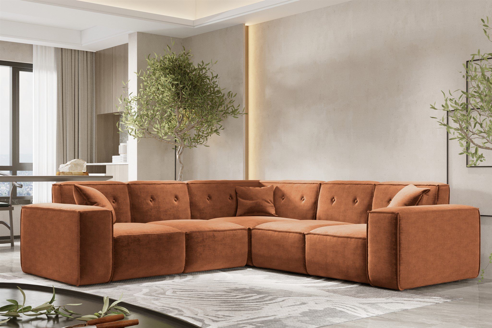 3 Universal, Möbel inkl. in Designersofa Stoff Seite CESINA Ecksofa Rundumbezug Zierkissen, Fun