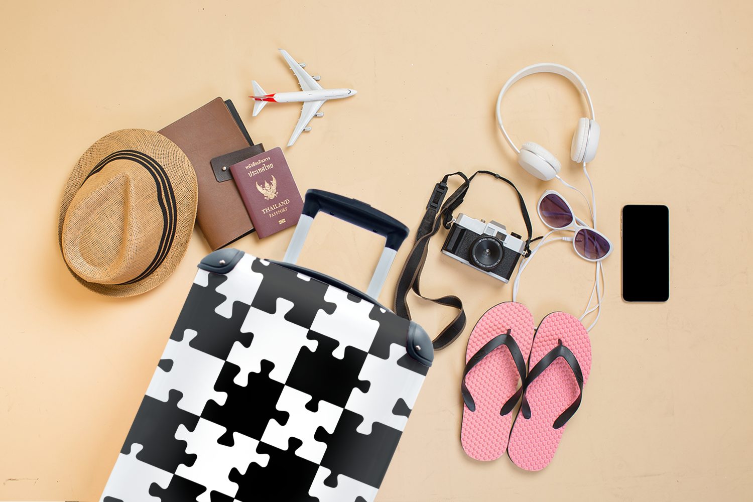 Ferien, für Muster, - Handgepäck MuchoWow Reisekoffer Puzzle Trolley, 4 - Reisetasche Handgepäckkoffer Schach mit Rollen, rollen,