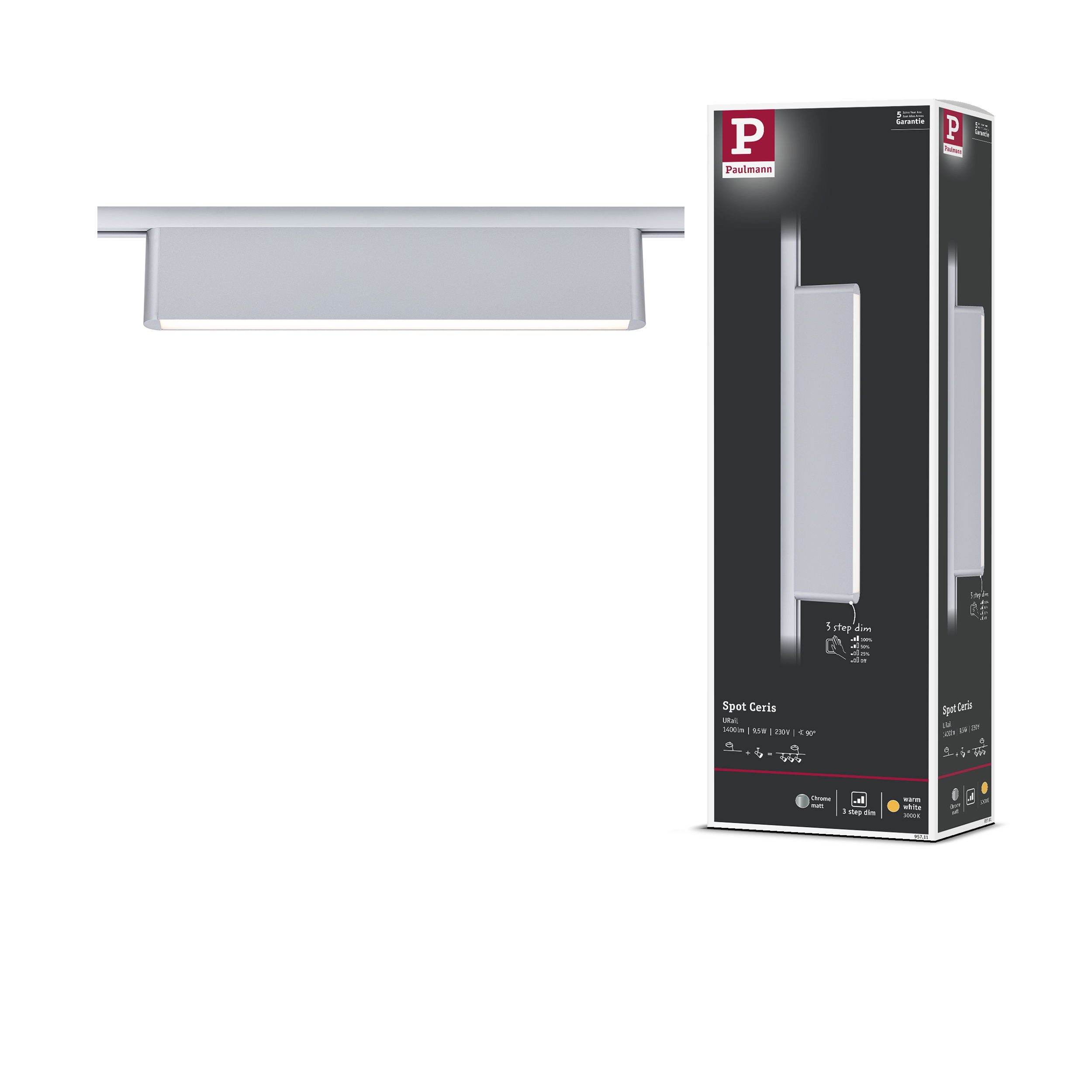Paulmann Schienensystem-Leuchten Ceris 800lm 9,5W 3000K dimmbar 230V, Memoryfunktion, mehrere Helligkeitsstufen, LED fest integriert, Warmweiß, 3-Step-Dim