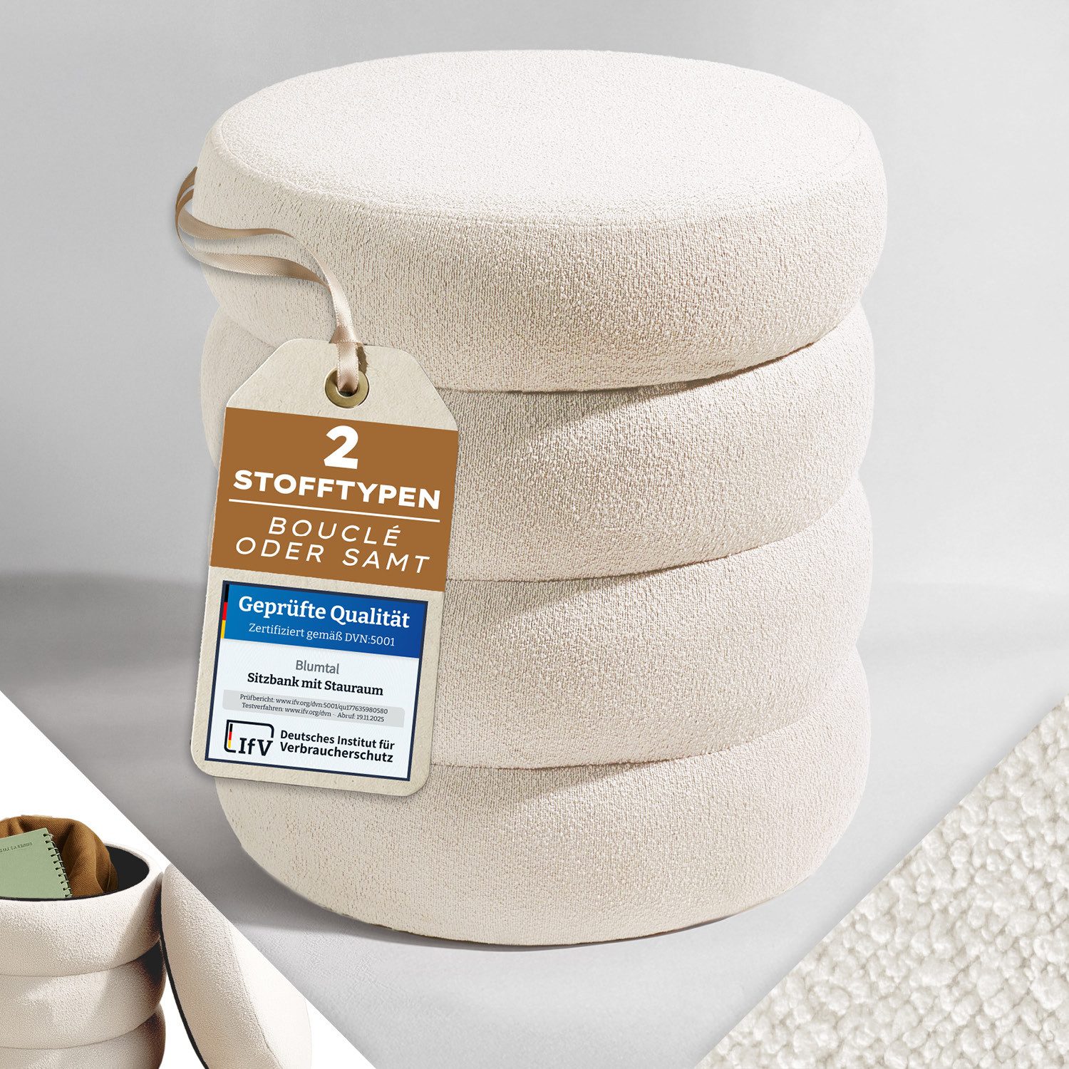 Blumtal Sitzhocker Hocker mit Stauraum mit Bouclé oder Velvet-Bezug, robuste Sitztruhe mit Stauraum und extrem Dickes MDF von Blumtal