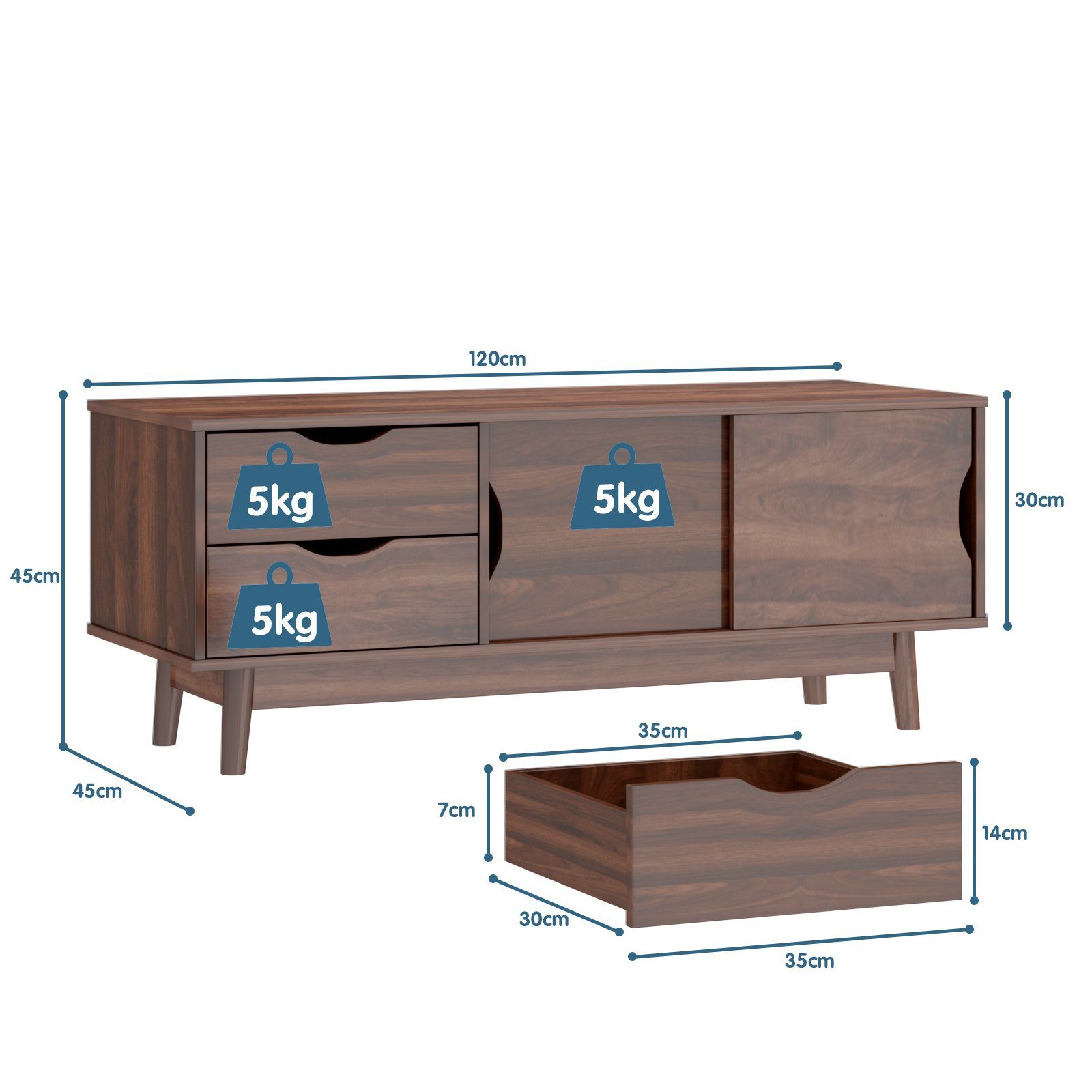 mit Schubladen TV-Schrank 2 cm Walnuss Schiebetüren, & 2 120 COSTWAY