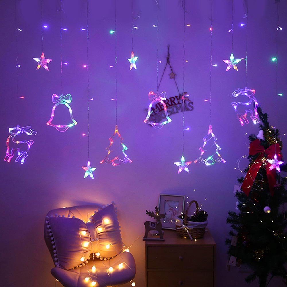 Rosnek LED-Lichtervorhang 3M, Bäume Glocken Wohnzimmer Weihnachten für Kupfer, Neujahr Sterne; Deko; Thema, batterie Fenster, wasserdicht, Garten Rehe Multicolor