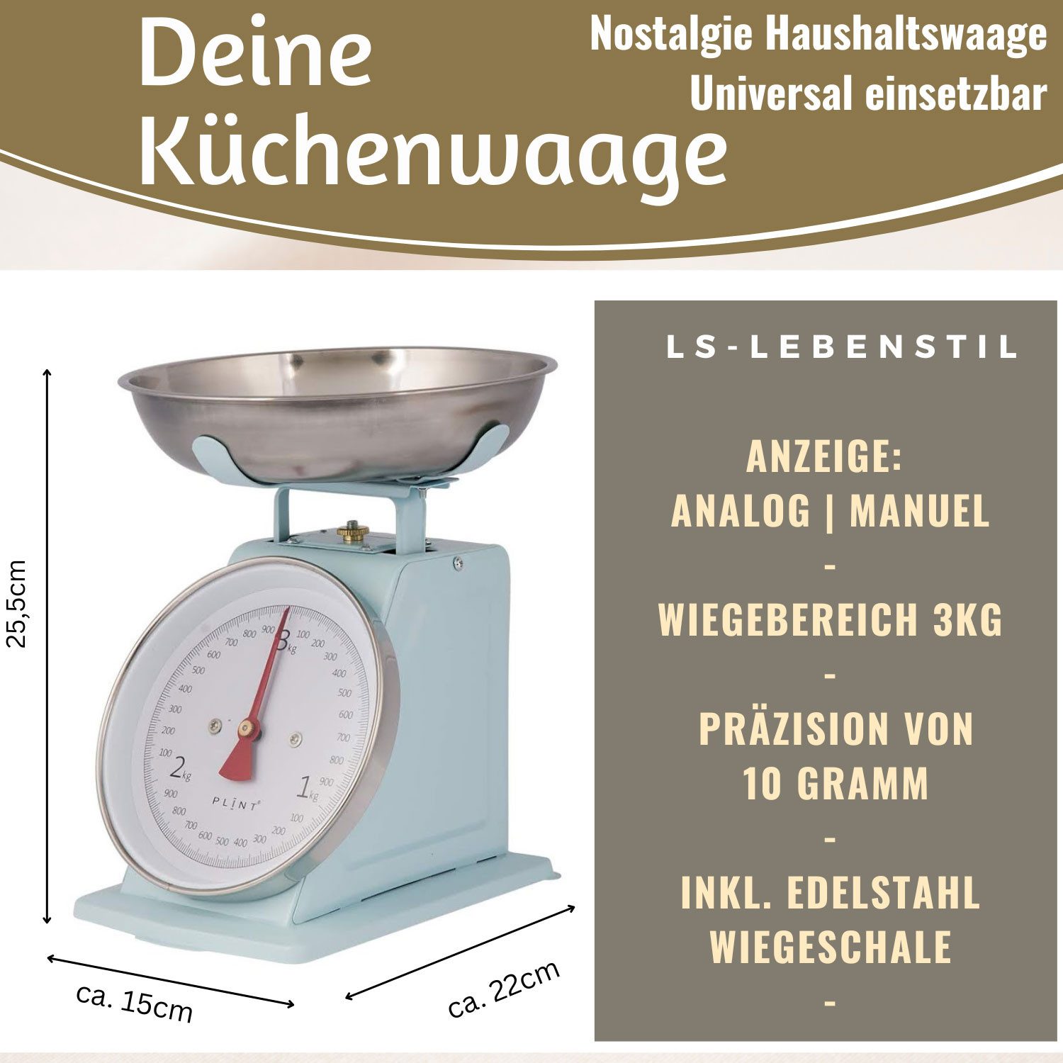 LS-LebenStil Küchenwaage Vintage Backwaage Retro Blau Manuelle Waage mit großem Ziffernblatt, (Manuelle Analoge Backwaage großes Ziffernblatt, 2-tlg., mit 1L Edelstahl Schüssel ohne Batterie / Strom Küche Waage), 3kg Skala mit großer Rührschüssel
