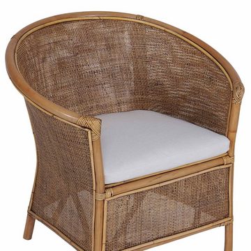 Casa Moro Rattanstuhl Rattansessel Sumatra Braun mit Kissen halbrund Loungesessel, Flechtsessel aus Natur-Rattan handgefertigt