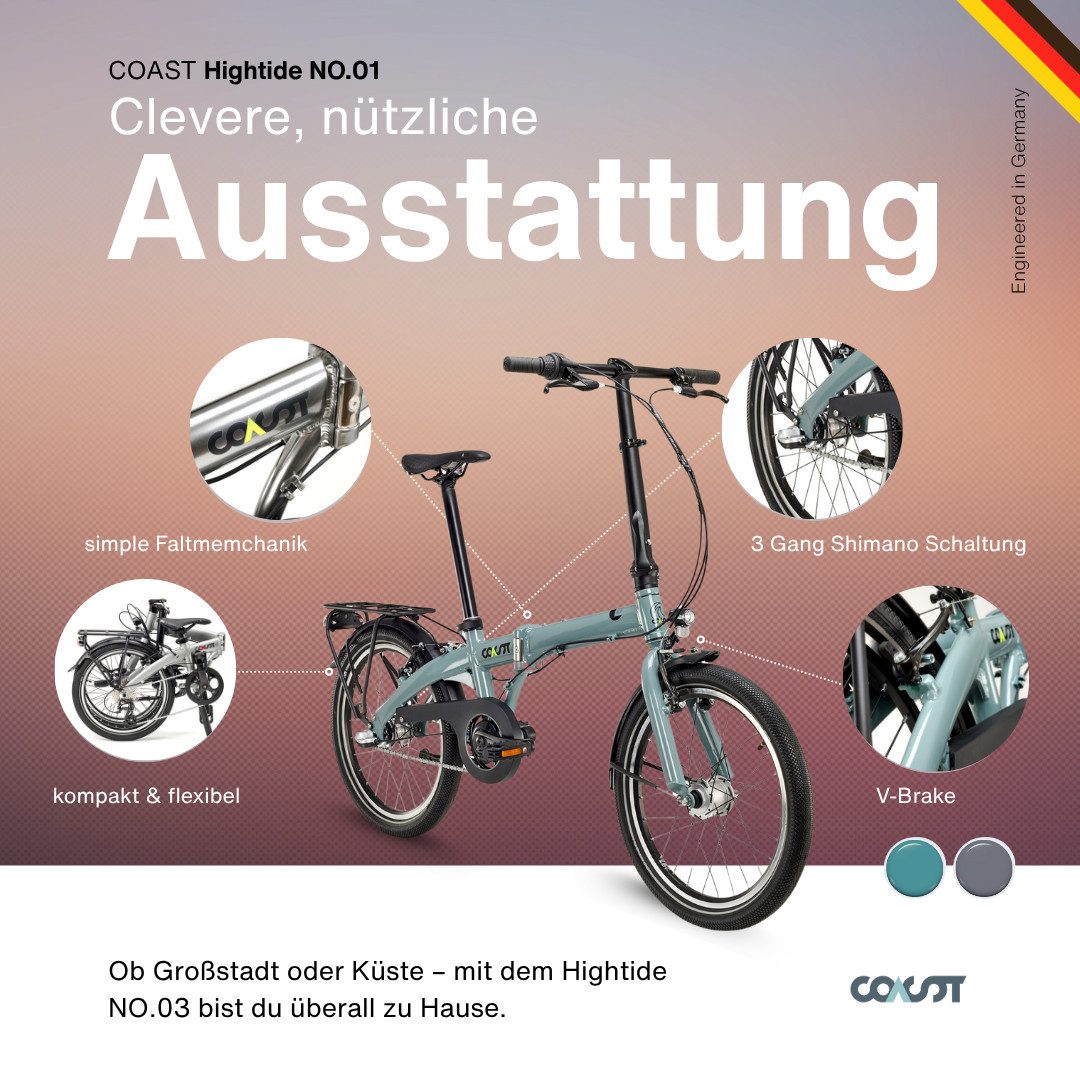 COAST-BIKES Folding Bike HIGHTIDE NO. 01 3S, Folding Bike, 20 inch, 14.1 KG, 3-speed, Lightweight & Compact, 3-speed