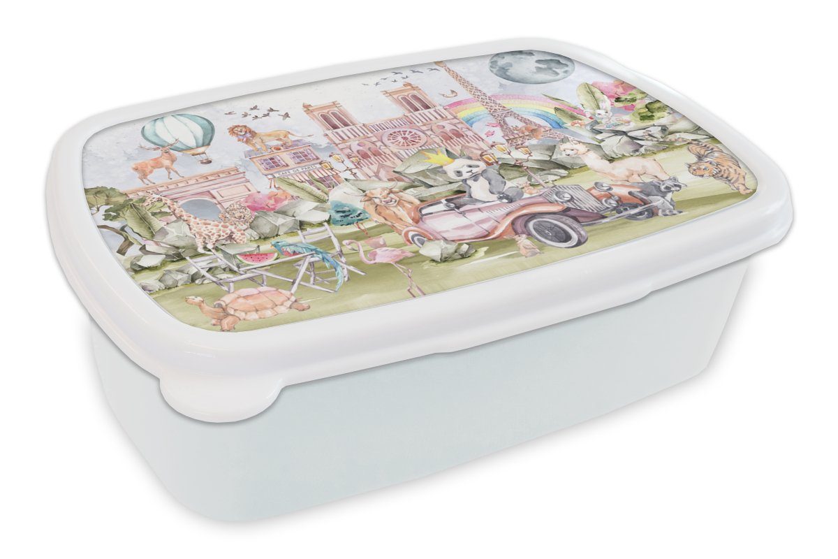 MuchoWow Lunchbox Paris - Regenbogen - Kinder - Rosa - Mädchen - Tiere, Kunststoff, (2-tlg), Brotbox für Kinder und Erwachsene, Brotdose, für Jungs und Mädchen weiß