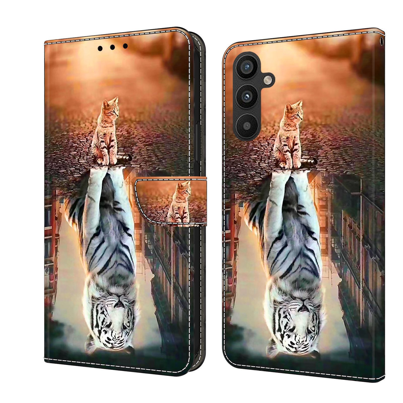 CLM-Tech Handytasche für Samsung Galaxy A57 5G Hülle aus PU-Leder Klapphülle (Katze weißer Tiger, 1-tlg., Flip Case), Magnetverschluss, Standfunktion und Kartenfächer