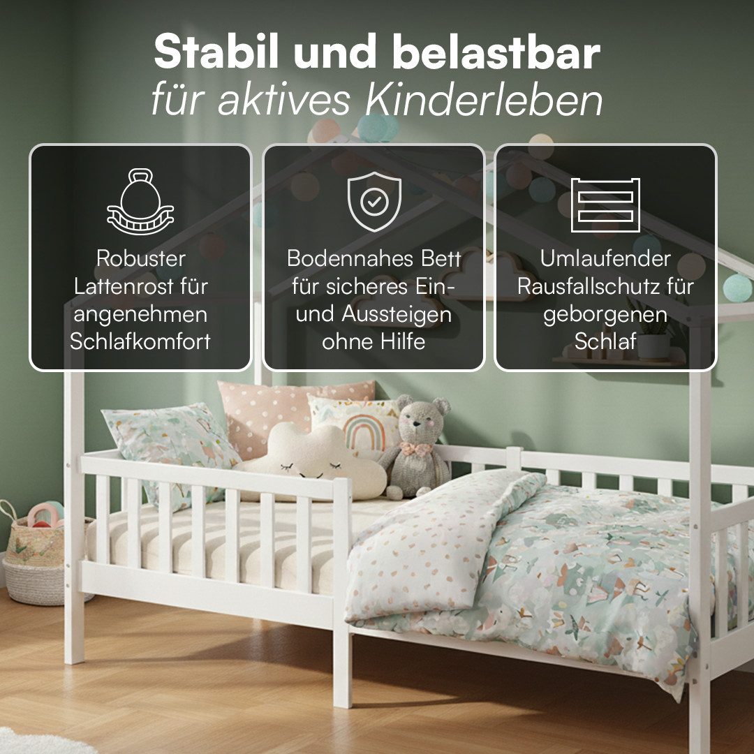 Bellabino Kinderbett Bia mit Rausfallschutz & Lattenrost (weiß, optional mit Matratze), Kinderbett aus Kiefernholz, verfügbar in 80x160/90/120/140x200 cm