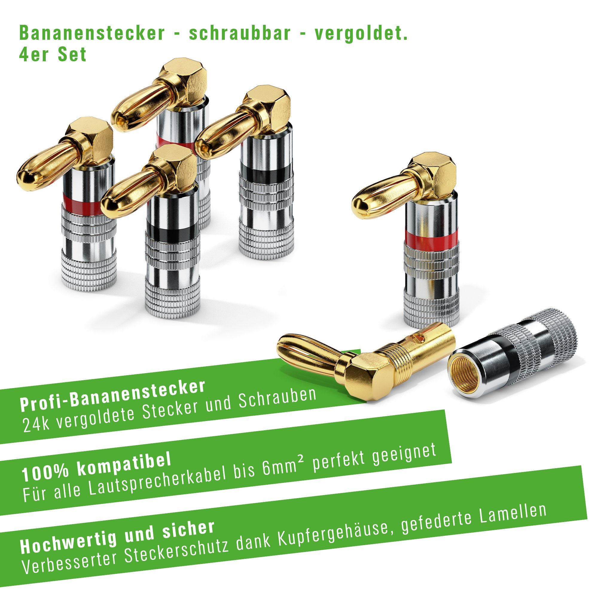 conecto conecto Bananenstecker 4er-Set, 90° gewinkelter Stecker, für alle Audio-Kabel