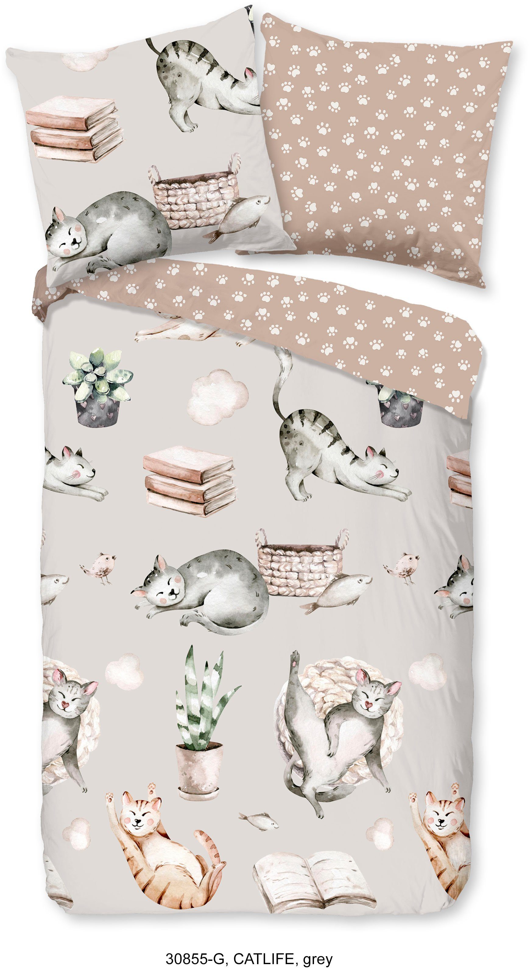 good morning Kinderbettwäsche Catlife, Renforcé, 2 teilig, Baumwolle, 135x200, Reißverschluss, Wendeoptik, Kind, Katze, Grau – Bild 2 von 5
