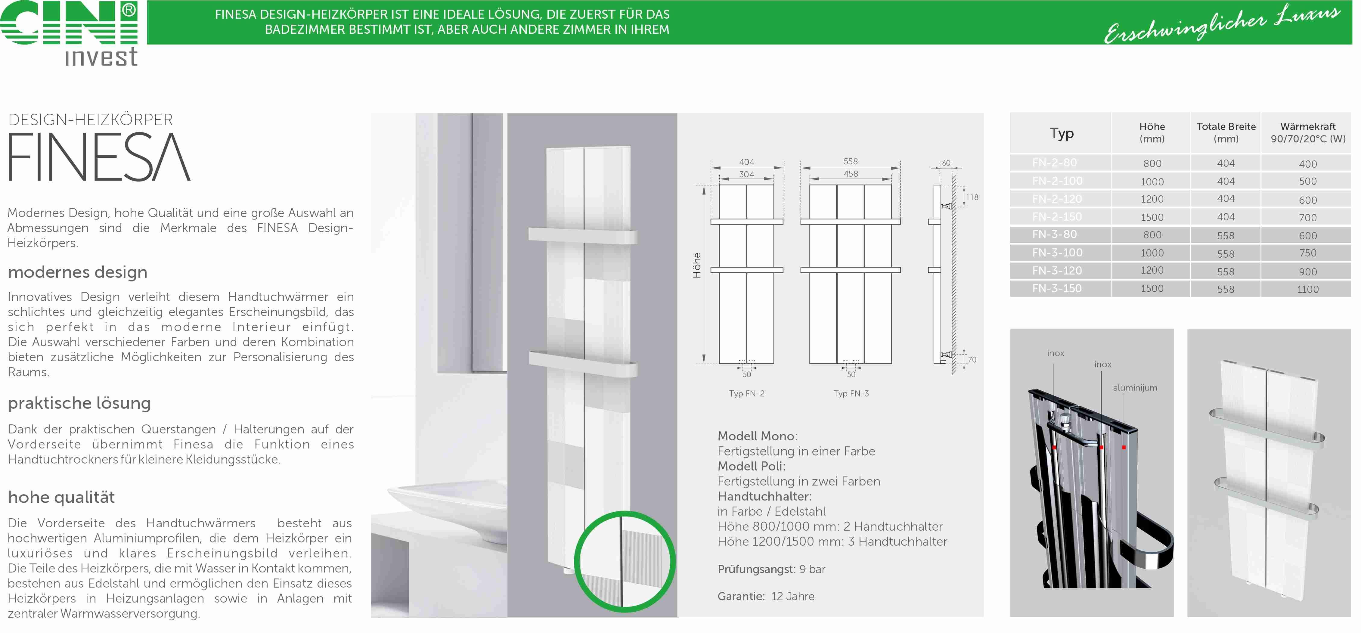 Finesa Badheizkörper Wärmeabgabe 400-700 W, Mittelanschluss