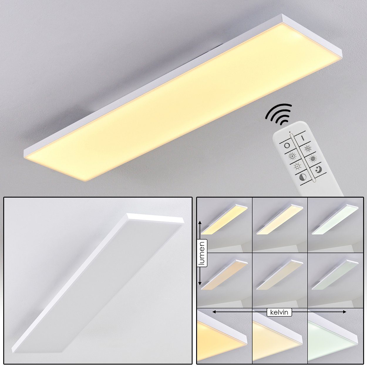 hofstein Panel »Soanne« LED Panel dimmbare aus Aluminiumin Weiß, 3000 Kelvin, 320-3200 Lumen, längliches Deckenpanel in flachem Design,Fernbedienung | Panels