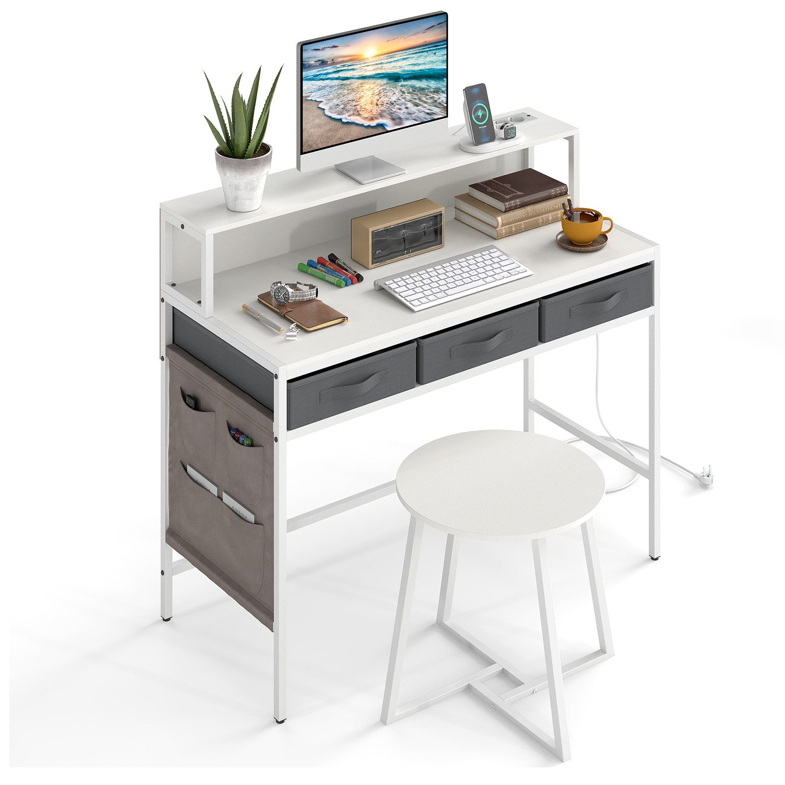 COSTWAY Schminktisch (1-St), Computertisch Schreibtisch, mit Steckdosen, Hocker