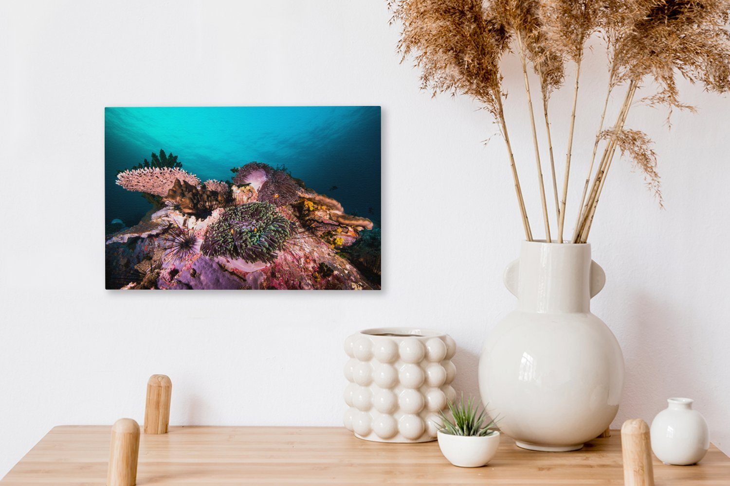 OneMillionCanvasses® Leinwandbild Korallen Wandbild Leinwandbilder, in einem (1 30x20 cm Meer, dunklen Aufhängefertig, Bunte Wanddeko, St)
