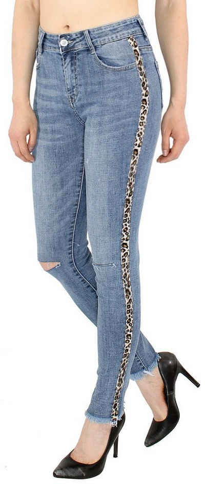 dy_mode Destroyed-Jeans Damen Jeans Hose Risse am Knie Skinny Pants Stretch Jeanshose 5-Pocket-Style, Löcher am Knie, Tiger Muster Streifen seitlich