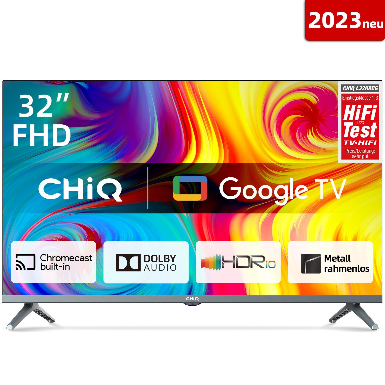 CHiQ L32H8CG LED-Fernseher (81,00 cm/32 Zoll, Full HD, Google TV, Smart-TV,  Metall rahmen,WiFi,Google Assistant,Triple Tuner(DVB-T2/T/C/S2), 250,00  cd/m)