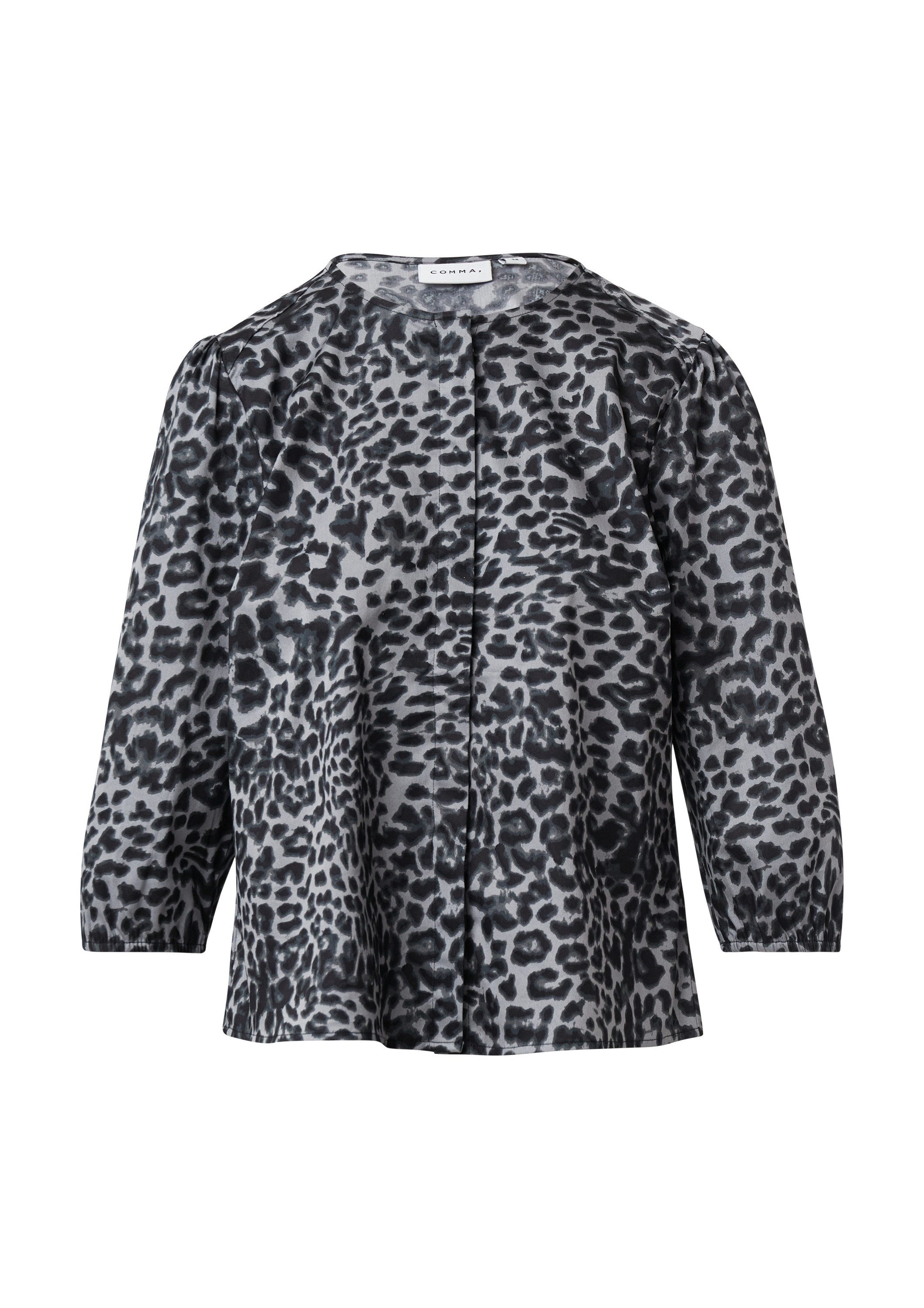 comma Kurzarmbluse Bluse Popeline-Bluse mit Puffärmeln und All-over-Leo-Print