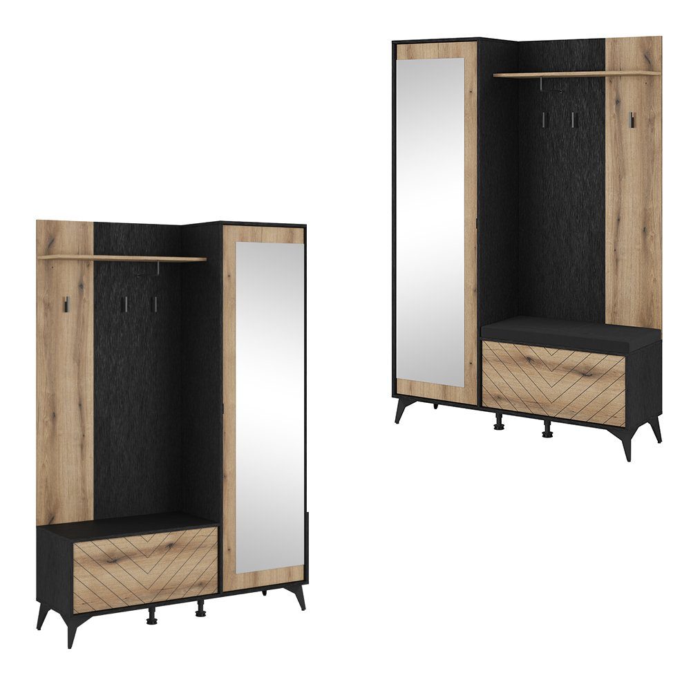 Lomadox Garderoben-Set DALE-160, (Spar-Set, 2-St), Flurmöbel Flurschrank Garderobenbank schwarz mit Eiche 134x197x39 cm – Bild 4 von 5