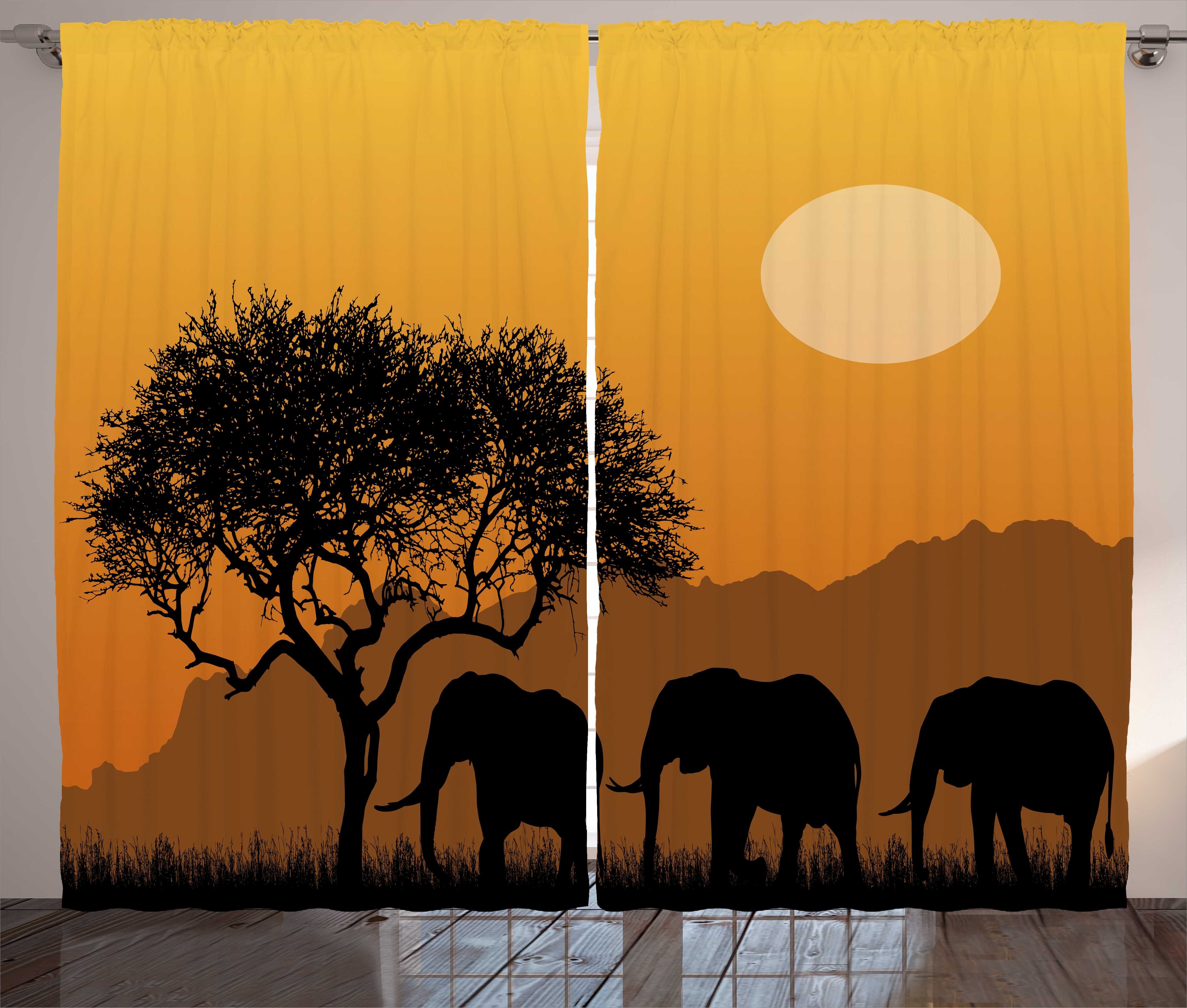 Gardine Schlafzimmer Kräuselband Vorhang mit Schlaufen und Haken, Abakuhaus, Safari African Silhouette Natur