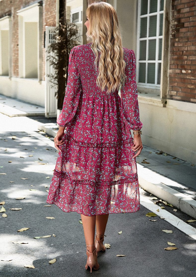 DEBAIJIA Dirndl Langärmeliges Kleid Damen Blumenmuster Rundhalsausschnitt Freizeit