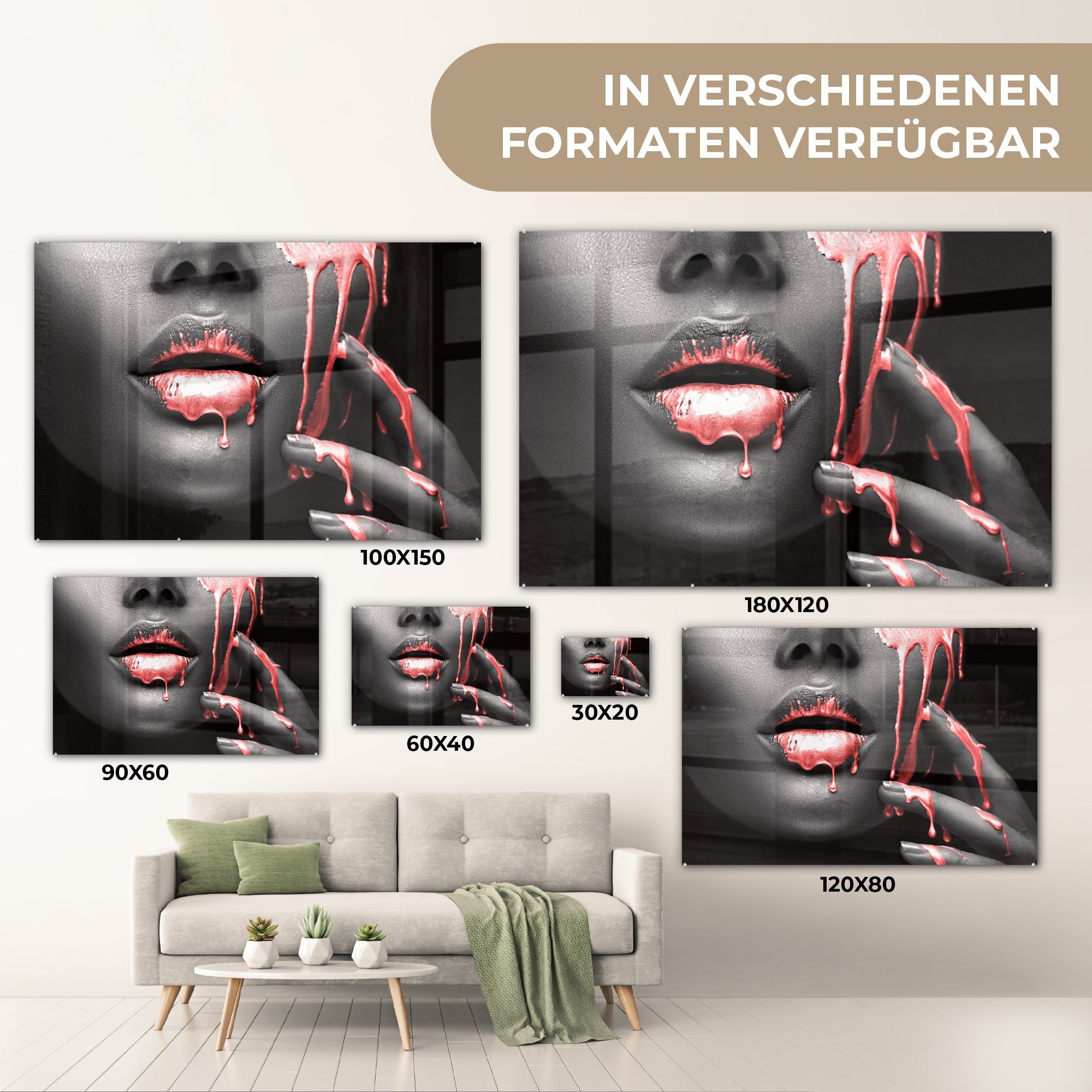 MuchoWow Acrylglasbild auf Schwarz, Lippen Wanddekoration Wandbild - Glas Rot Glas - auf - Bilder (1 - Foto - Glasbilder St)
